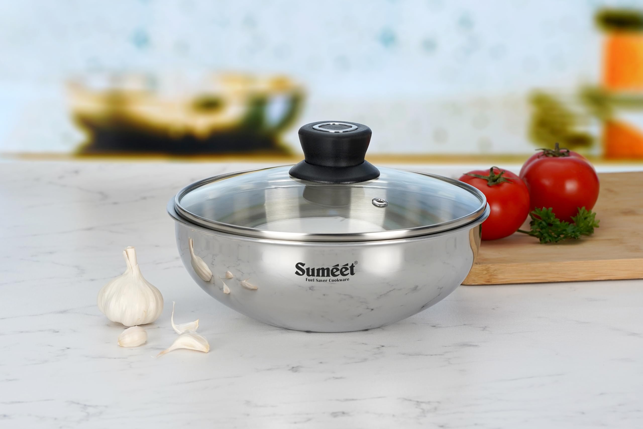 Sumeet Cook Smart Triply Stainless Steel Induction Base Deep Tasra With Glass Lid - 1.7 Ltr - 20Cm  Pack Of 1  Silver