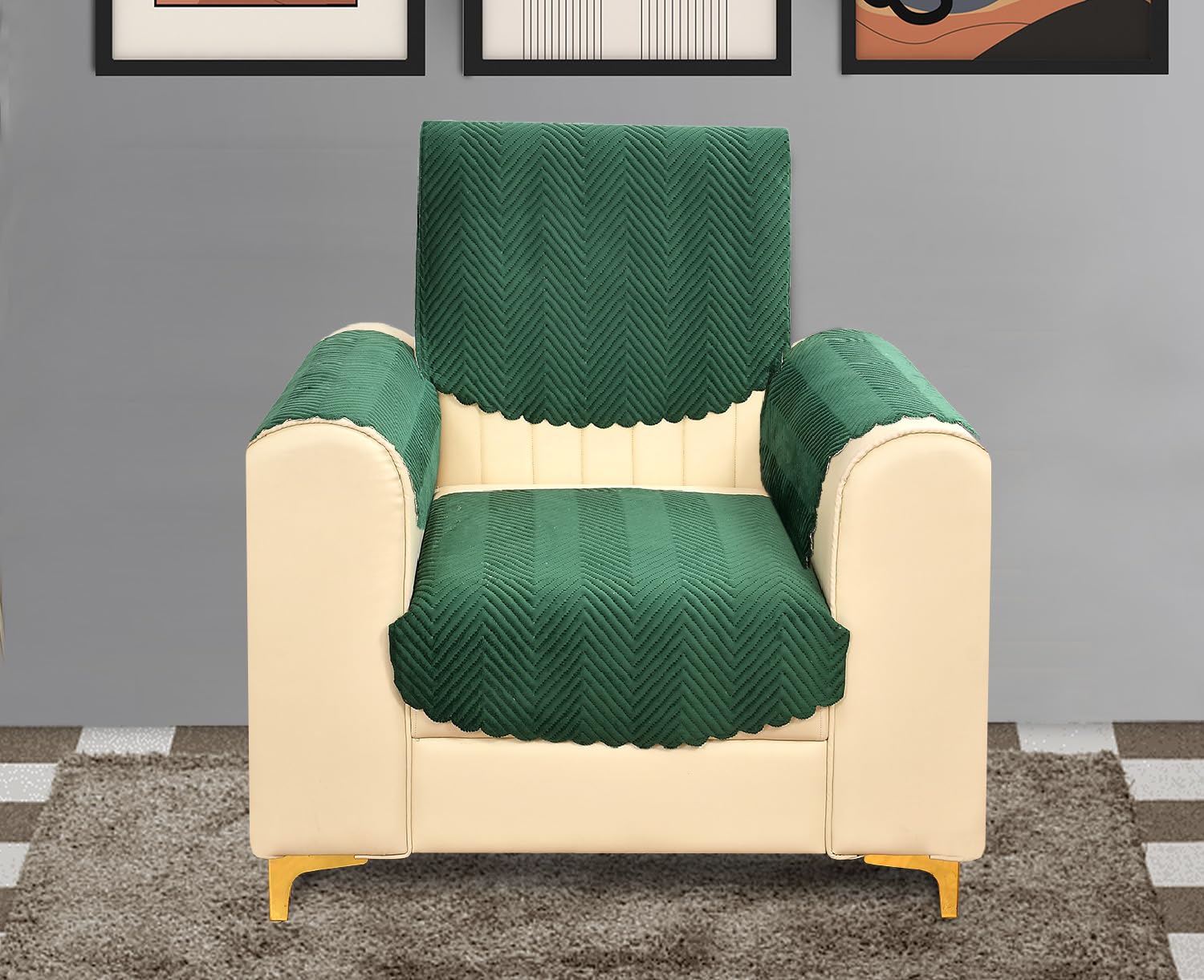 Yellow Weaves Velvet 1 Seater Quilted Sofa Chair Cover With Arm Cover, Seat & Back Cover, Color - Dark Green
