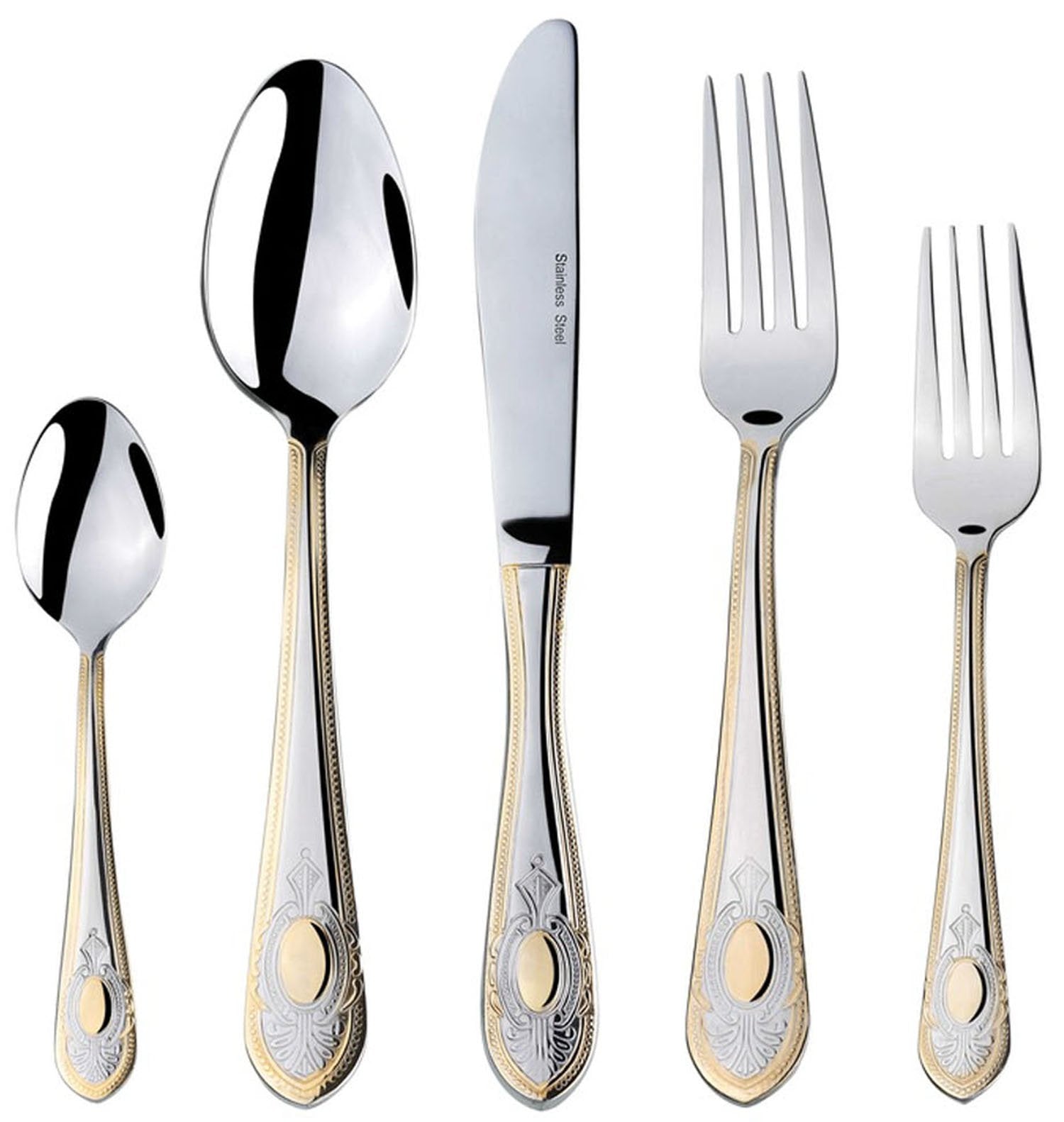 Venezia Collection ''Medallion'' 20-Pc Flatware Set Service For 4, Premium 18/10 Stainless Steel, 24K Gold Trim