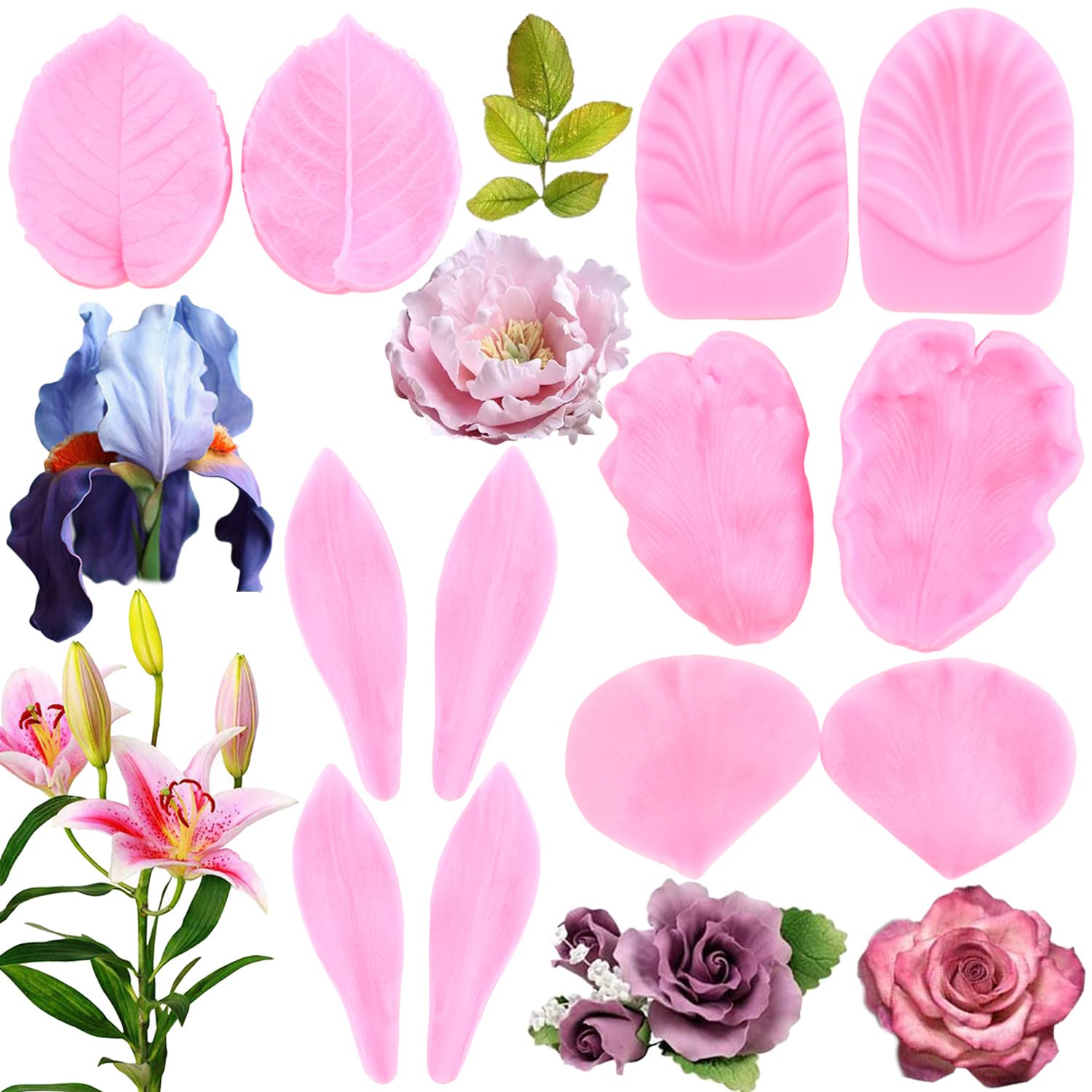 Miyahouse Gumpaste Flower Silicone Veining Mold Fondant Rose Veined Mold Gum Paste Peony Flower Mold Lily Iris Flower Molds For