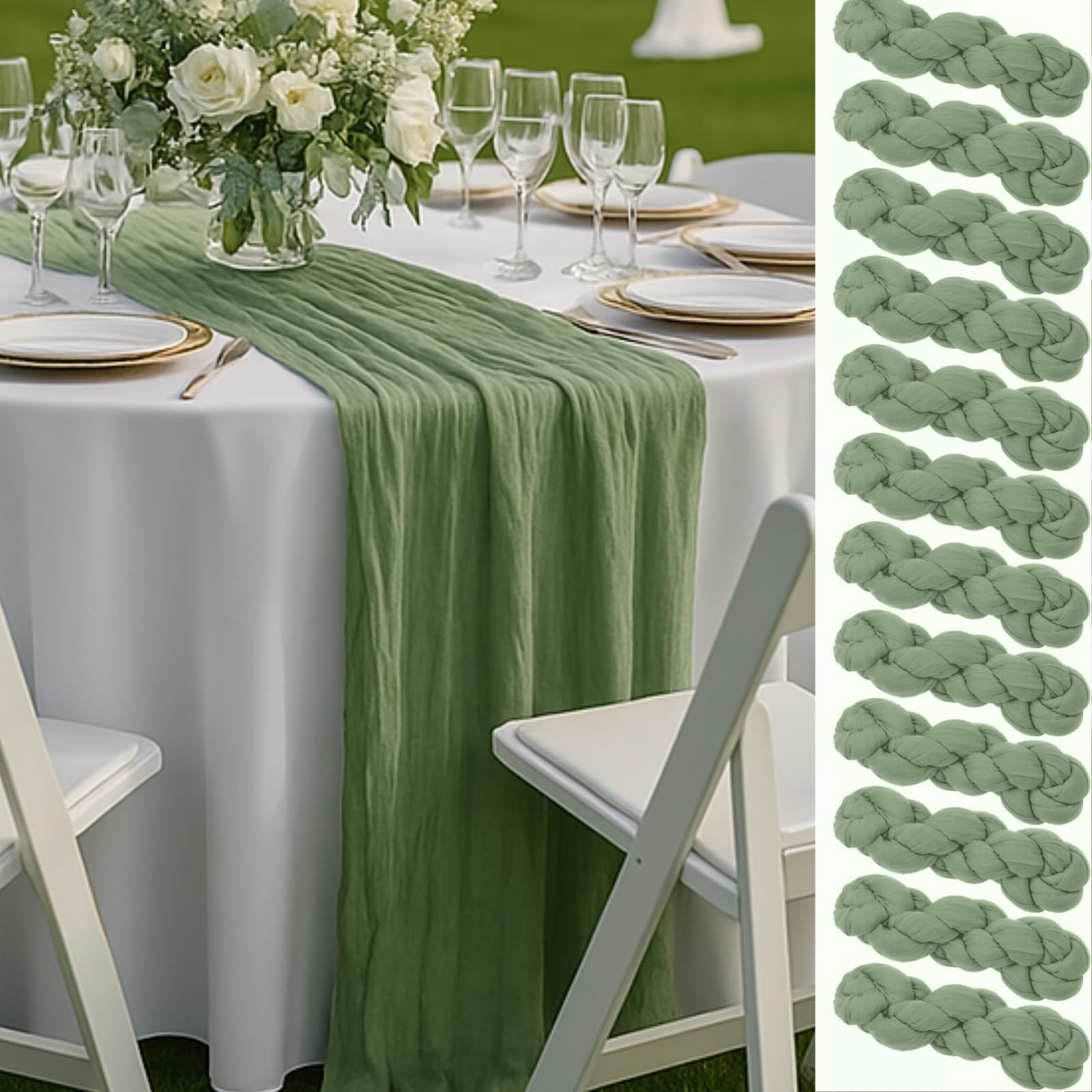 12 Pack Sage Green Cheesecloth Table Runners - 10FT Rustic Gauze Bulk Set for Wedding Reception, Woodland Baby Shower, Garden Pa