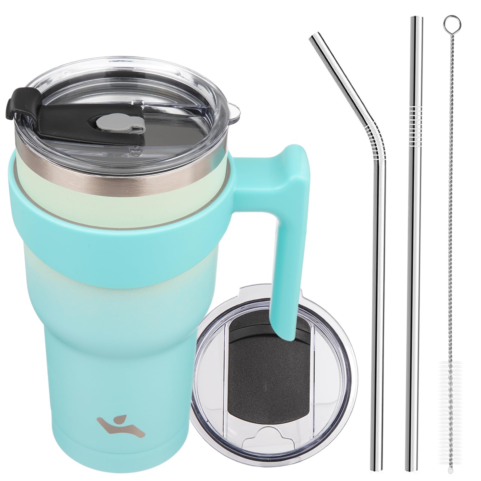 Konokyo 30 oz Tumbler with Handle and 2 Straw 2 Lid, Insulated Water Bottle Stainless Steel Vacuum Cup Reusable Travel Mug, Mint