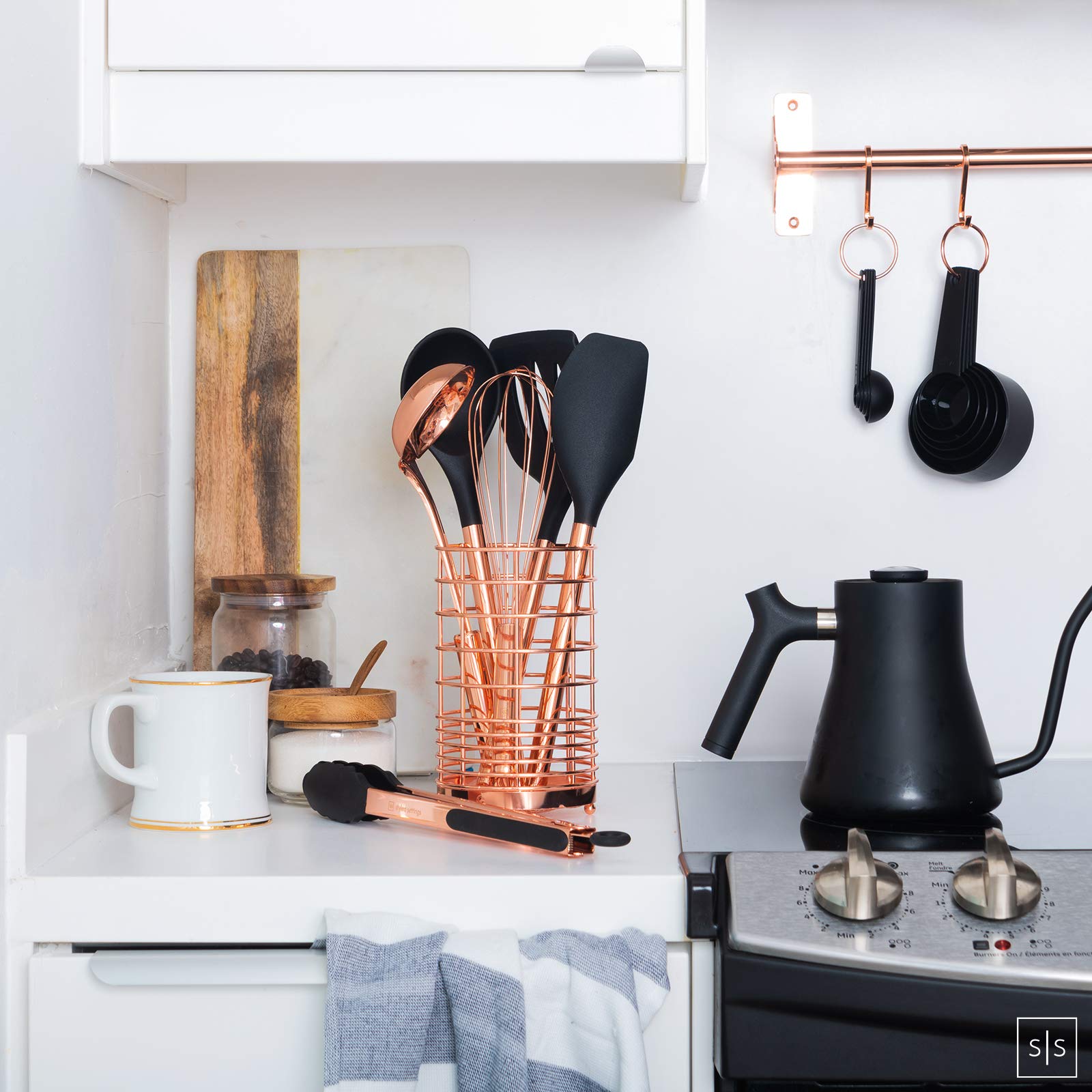 Black And Copper Kitchen Utensils With Holder - 17-Piece Set With Measuring Cups And Spoons, Rose Gold Cooking Tools - Stylish B