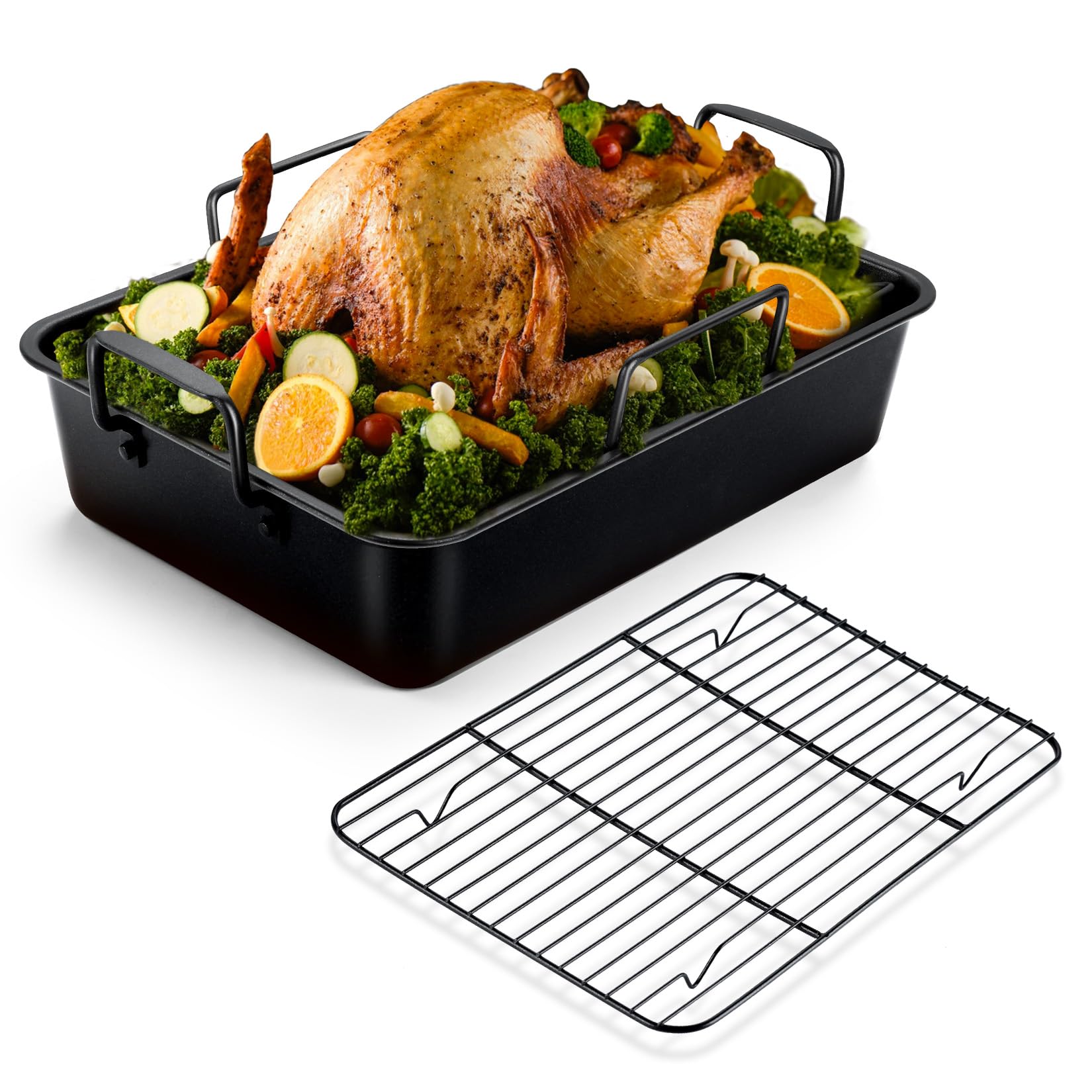 Joyfair 15.3 Nonstick Roasting Pan With Rack Set, Heavy Duty Large Roaster Pan For Turkey Chicken Rid Beef, Including Flat Rack/