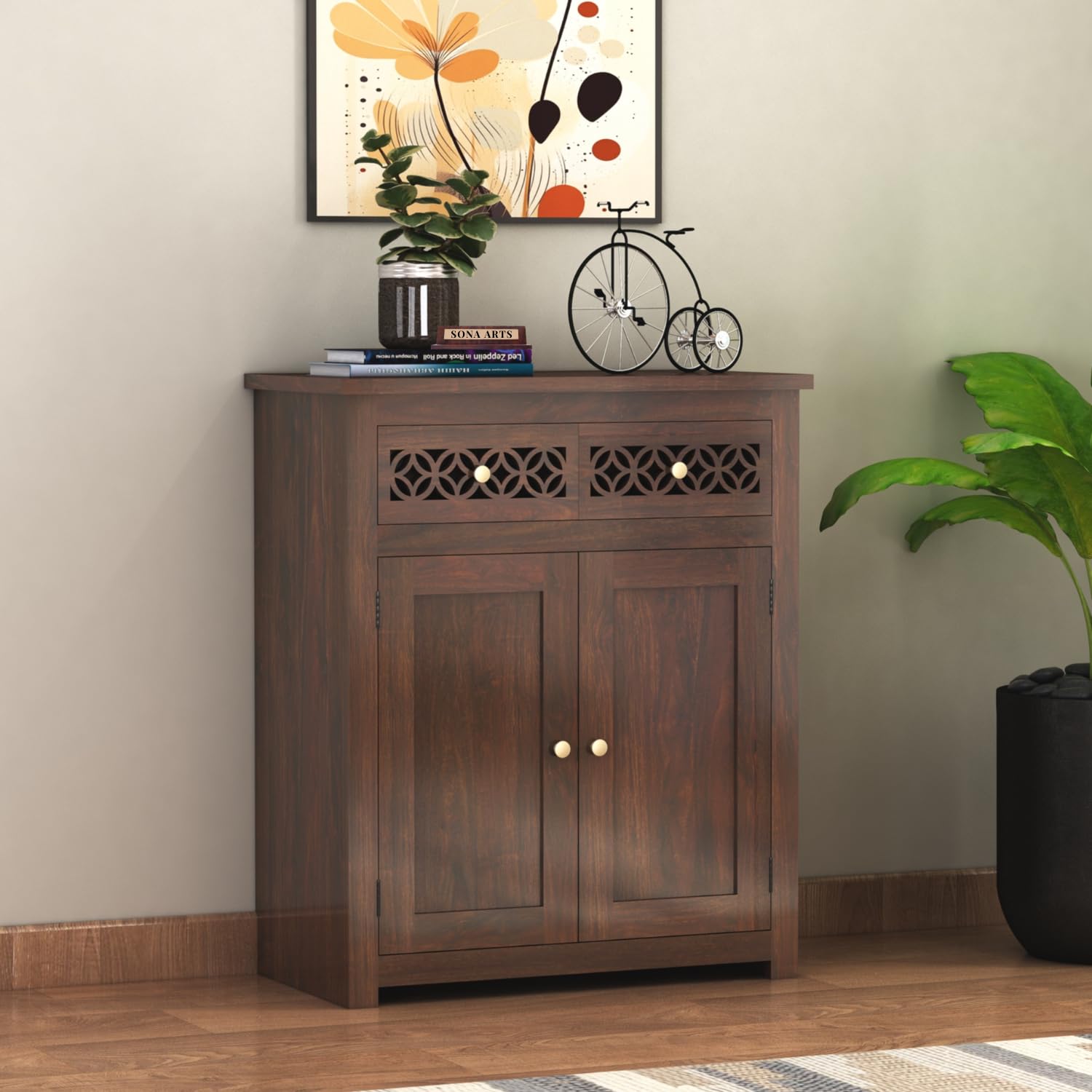 Sona Art & Crafts Cnc Solid Sheesham Wood Sideboard Cabinet Storage Organizer With 2 Jali Drawer & 2 Door Cabinet For Home Kitch