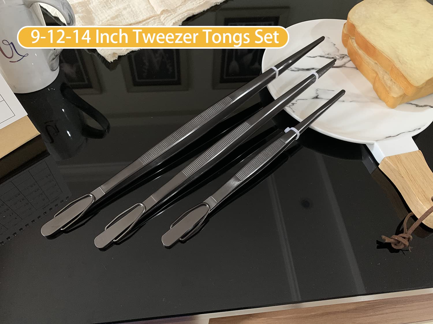 Jetkong Extra Long Kitchen Tweezers Heavy Duty Stainless Steel Cooking Tweezers, Set Of 3 (9 12 14 Inch, Black)