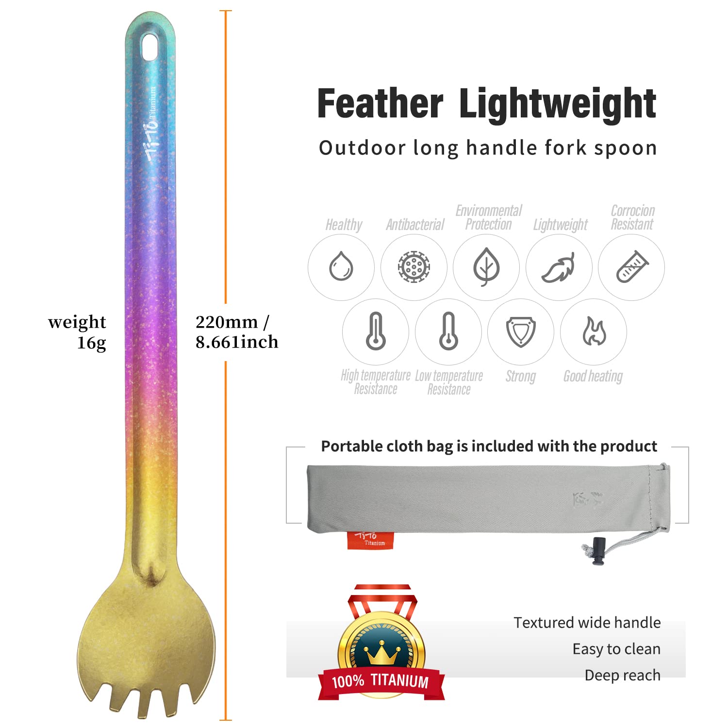 TiTo Titanium Long Handle Spork and Spoon Eco-Friendly Ultralight Portabale Flatware for Outdoor camping Backpacking Hiking Travel Picnic Tableware with Bag(2pcs colorful )