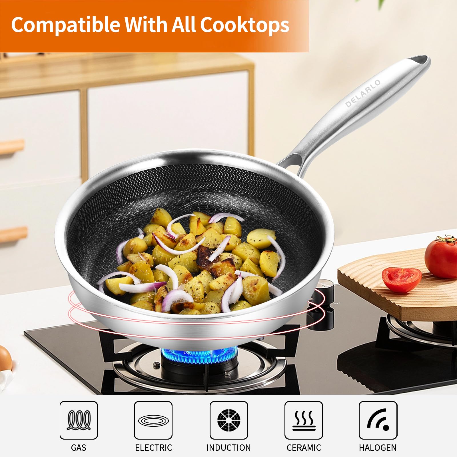 Delarlo Whole Body Tri-Ply Stainless Steel 7.8 Inch Mini Omelet Pans Nonstick Small Frying Pan, Oven Safe Induction Skillet, Sui