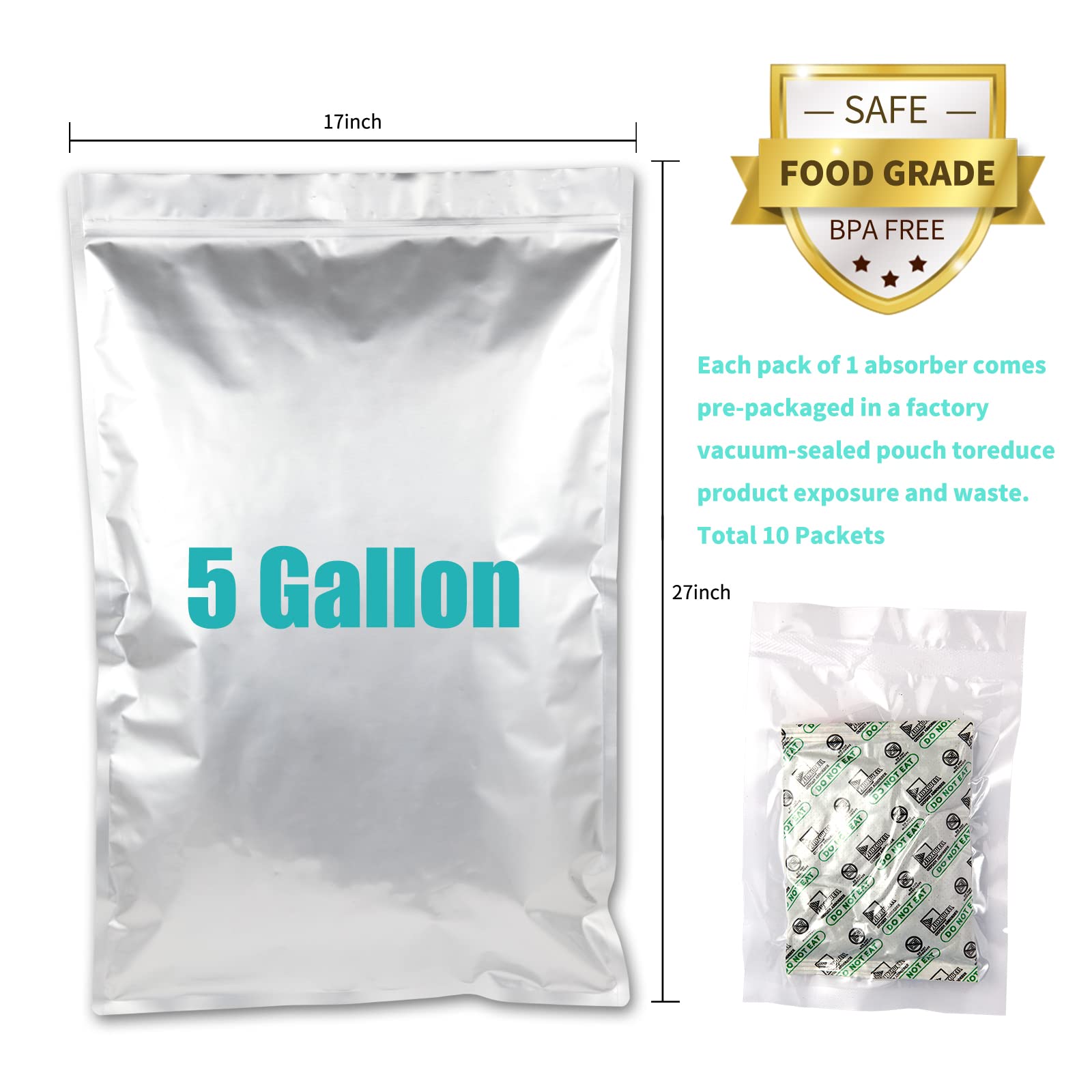 5 Gallon Mylar Bags with 2500CC Oxygen Absorbers and Labels  Zipper Resealable Pouches Heat Sealable Bags for Long Term Food Storage (10 pcs)