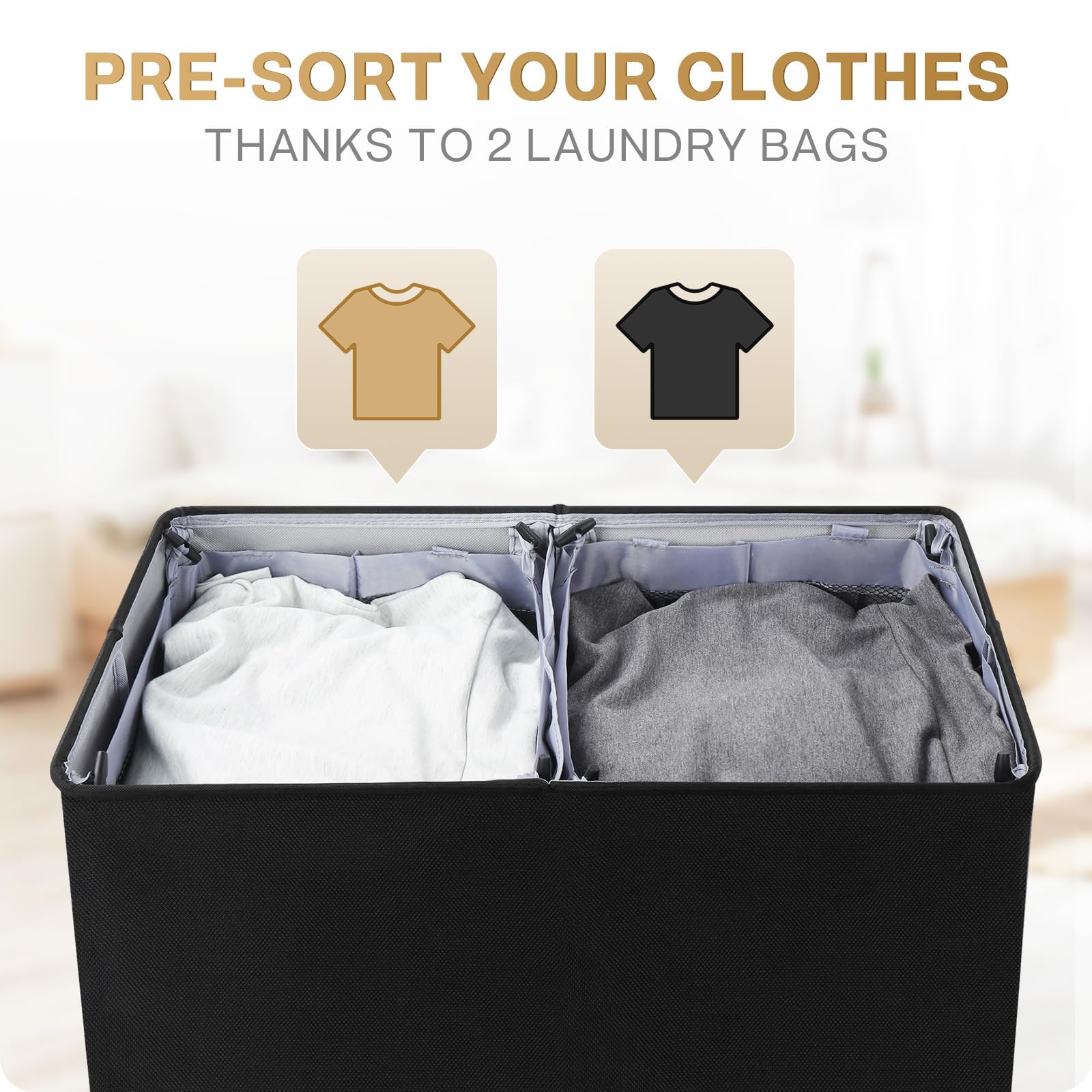 SOLEDI Double Laundry Hamper with Lid and Removable Laundry Bags - Large Dirty Clothes Hamper 2 Section - Collapsible Laundry Baskets for Bedroom  Bathroom  Laundry room  Apartment  Black