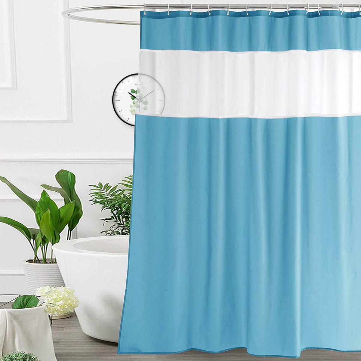 Ufriday Shower Curtain Light Blue And White, Polyester Fabric Shower Curtain With Liner Window,72 X 72 Inch