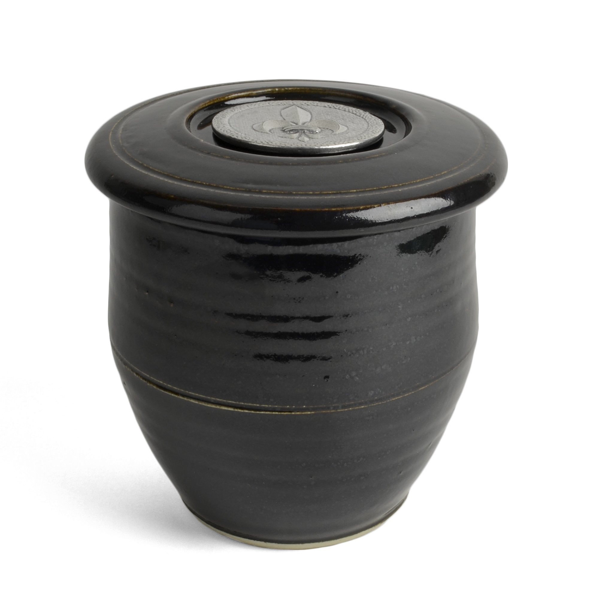 Oregon Stoneware Studio Handmade French Butter Keeper With Fleur De Lys Pewter Medallion, Blackberry