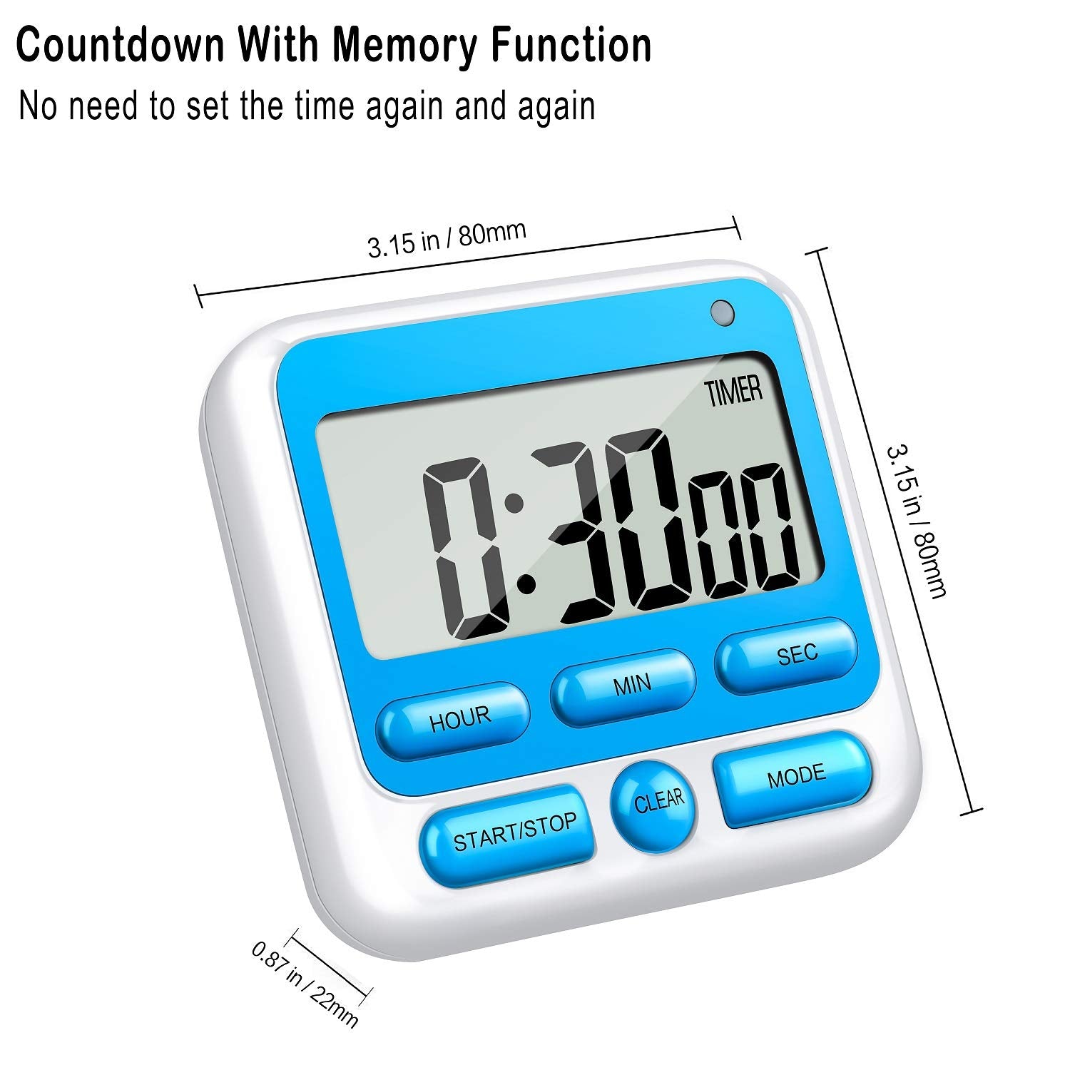 KTKUDY Digital Kitchen Timer with Mute/Loud Alarm Switch ON/Off Switch  24 Hour Clock & Alarm  Memory Function Count Up & Count Down for Kids Teachers Cooking  Large LCD Display  Strong Magnet (Blue)