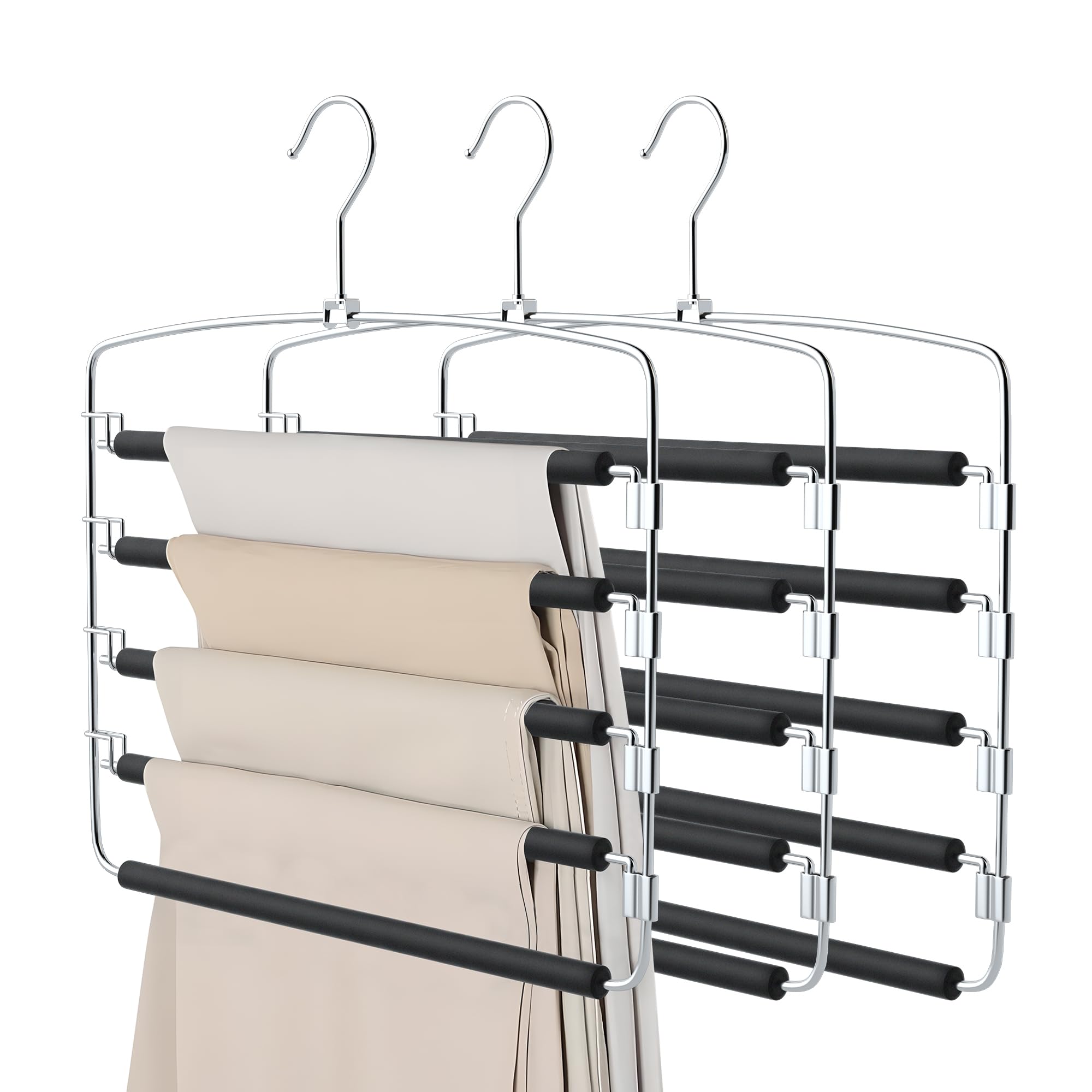 Cycleacc Pants Hangers, 3 Pack Anti-Slip Space Saving Hangers, 5 Layer Swing Arm Pants Hanger Stainless Steel With Non-Slip Padd