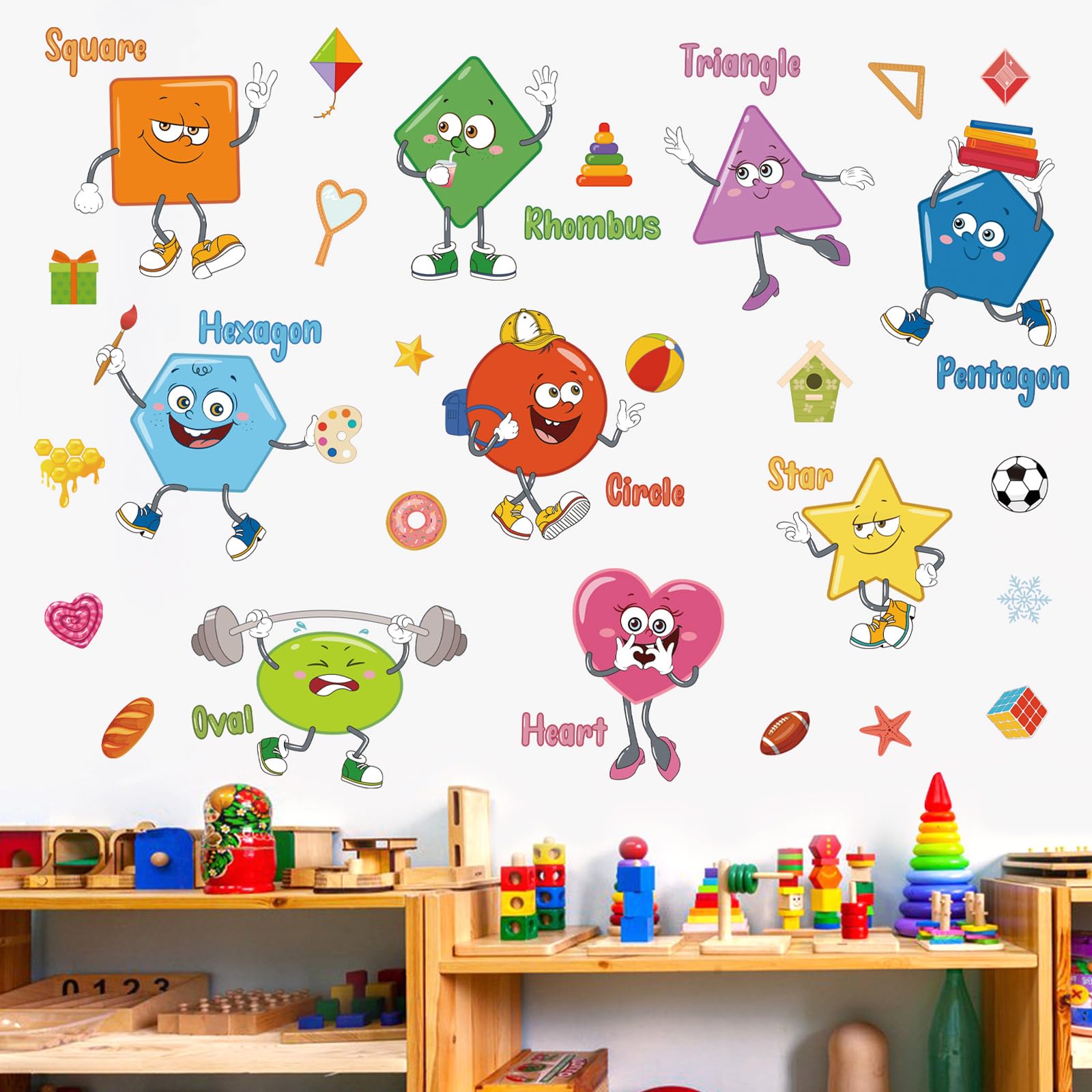 Wondever Colorful Shapes Wall Stickers Educational Learning Geometry Peel And Stick Wall Art Decals For Toddlers Kids Room Class