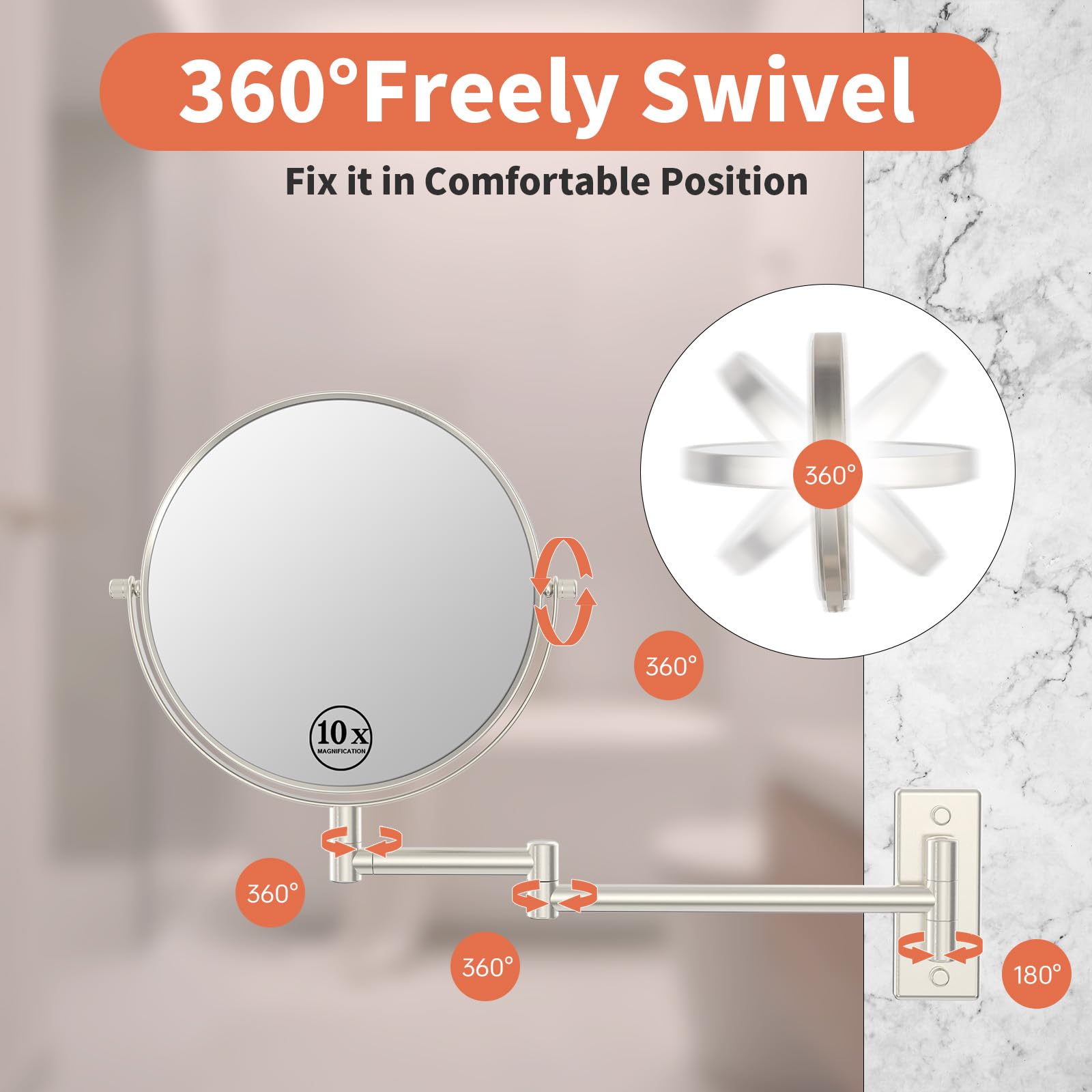 Erlingeryi 8'' Wall Mounted Makeup Mirror 1X/ 10x Magnifying Mirror Double Sided Vanity Makeup Mirror for Bathroom Nickel Brush Finish