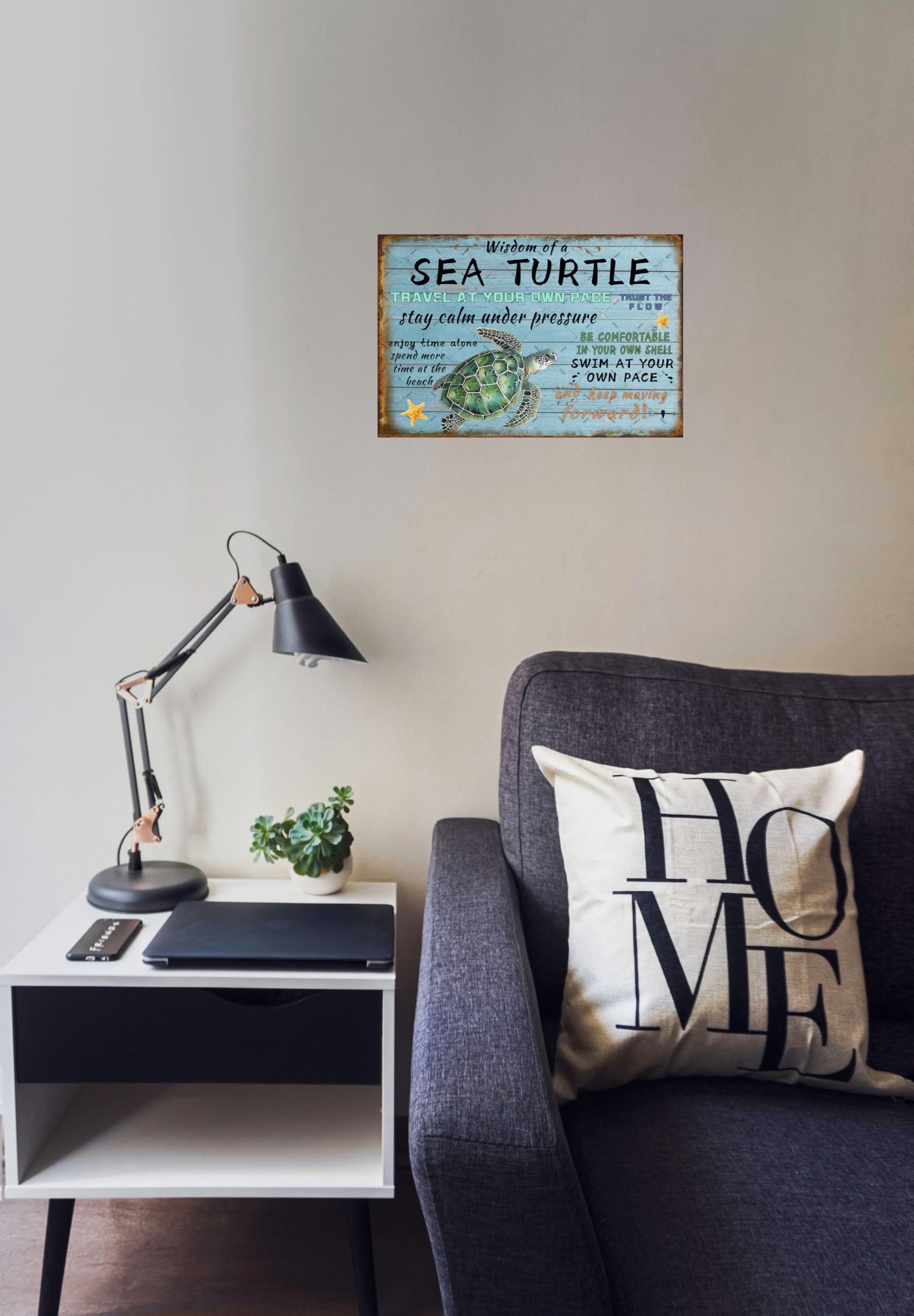 EMOHAT Sea Turtle Crossing Metal Tin Sign Wisdom Of A Sea Turtle Coastal Beach Wall Art Posters for Home Man Cave Gifts 12x8 Inc