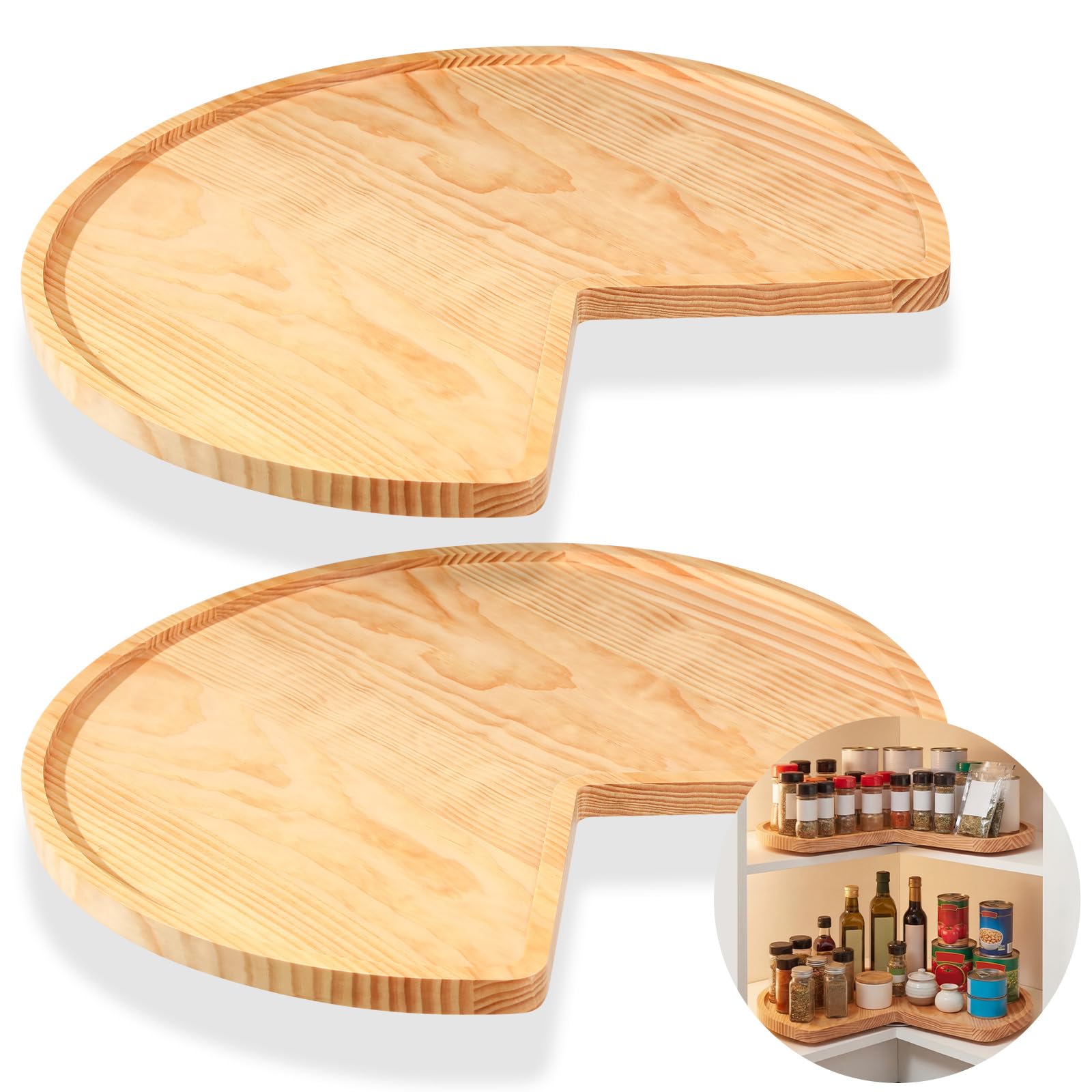 Leinuosen 2 Pcs 24in/28in/32in Banded Pine Wood Full Kidney Shaped Lazy Susan for Corner Base Cabinets with Iron Swivel Bearing 