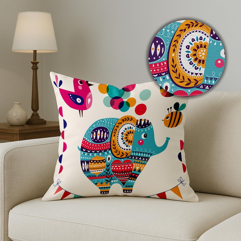 STITCHNEST Unique Cute Elephant Cartoon Blue Printed Canvas Cotton Cushion Covers, Set of 5 (16 x 16 Inches)