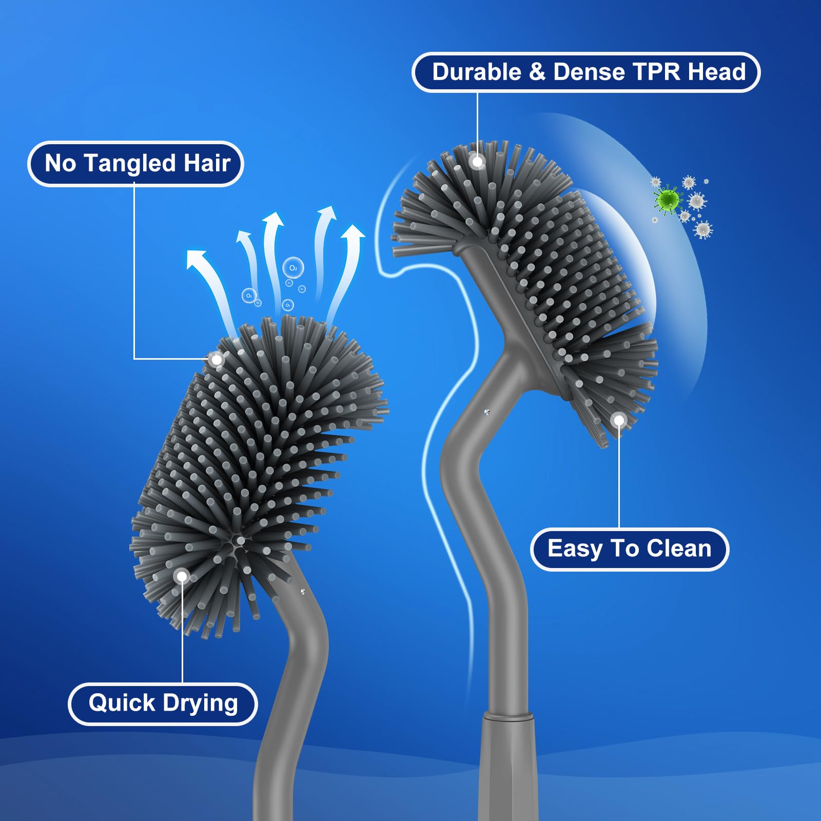 HAMITOR Silicone Toilet Brush Set - Gray Deep Cleaning Scrubber for Bathroom, 1 Pack, Modern Design, Curved Bristle for Corner Cleaning