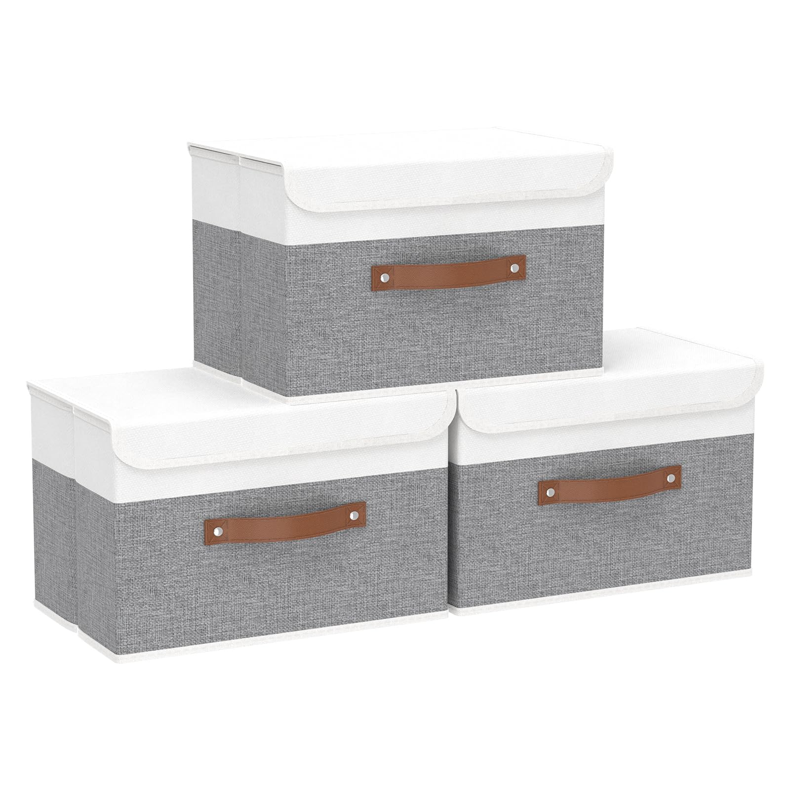 Yawinhe Collapsible Storage Boxes 3 Pack  Linen Fabric Storage Baskets Washable  with Lids and Leather Handle  for Home Bedroom Closet Office  (White/Grey  15.0x9.8x9.8in)  USNK024WGL-3