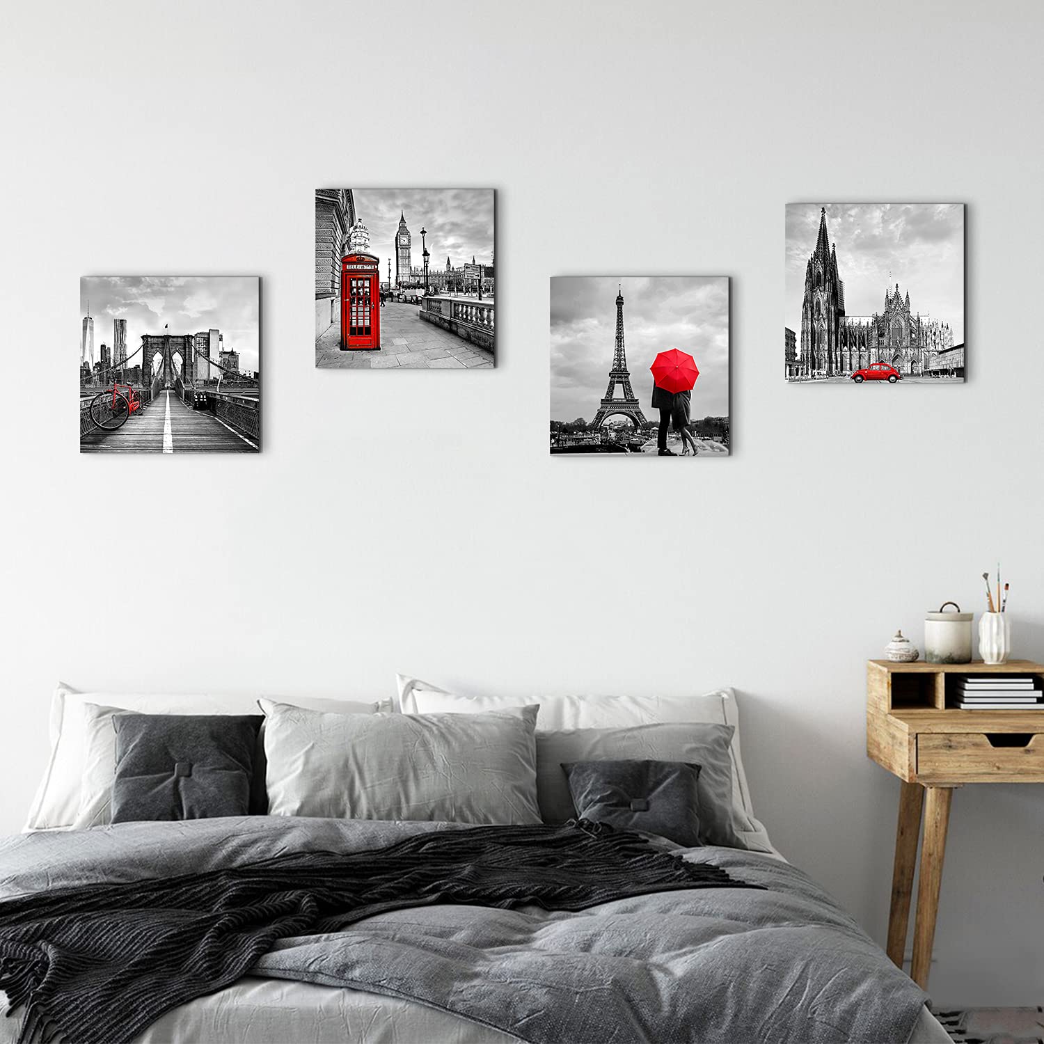 City Wall Art Framed Prints Grey Red Black Cityscape Pictures For Living Room Bedroom Wall Decor European Paris London New York