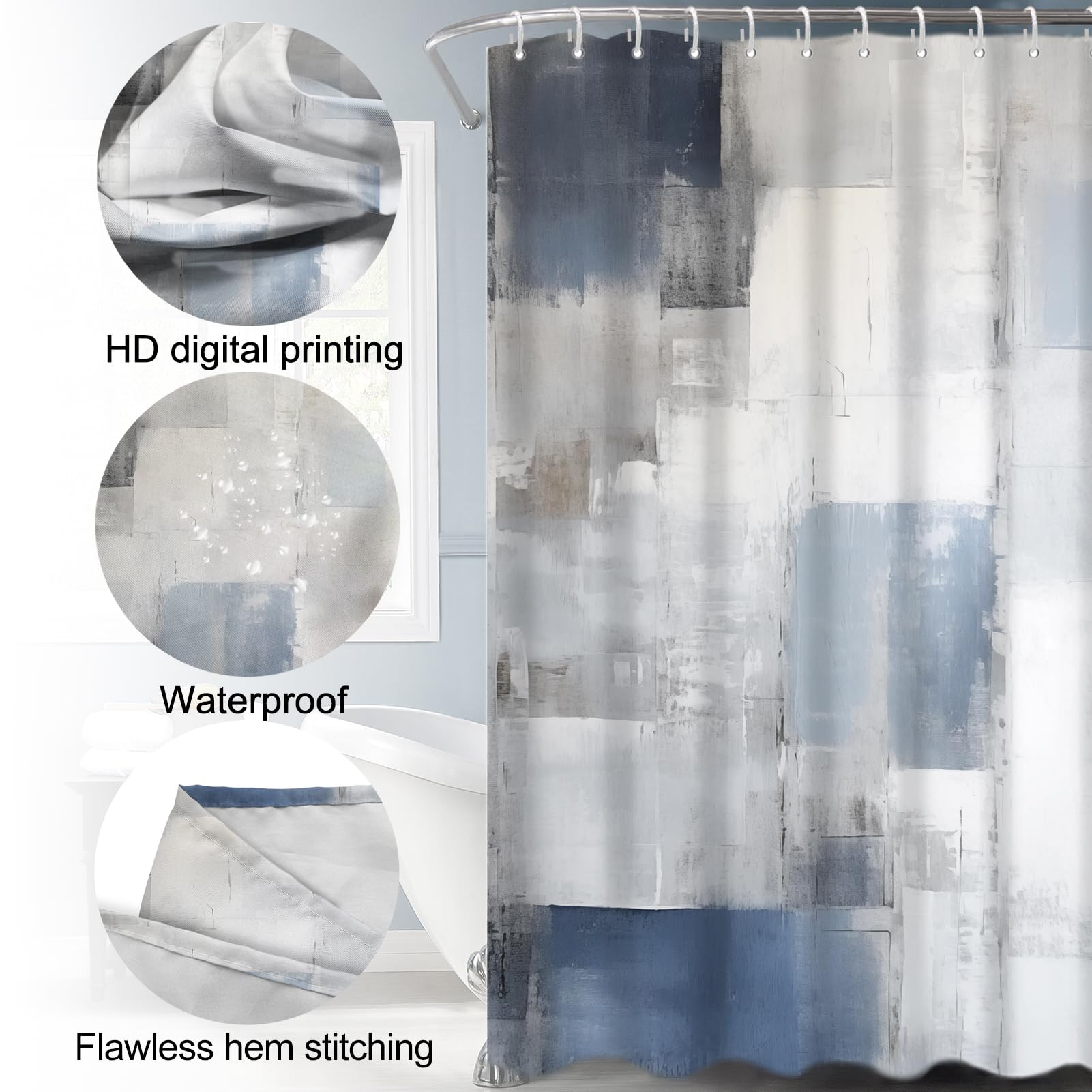 Lnond 4Pcs Bathroom Shower Curtain Sets With Rugs,Blue Grey Abstract Bathroom Sets With Shower Curtain And Rugs And Accessories