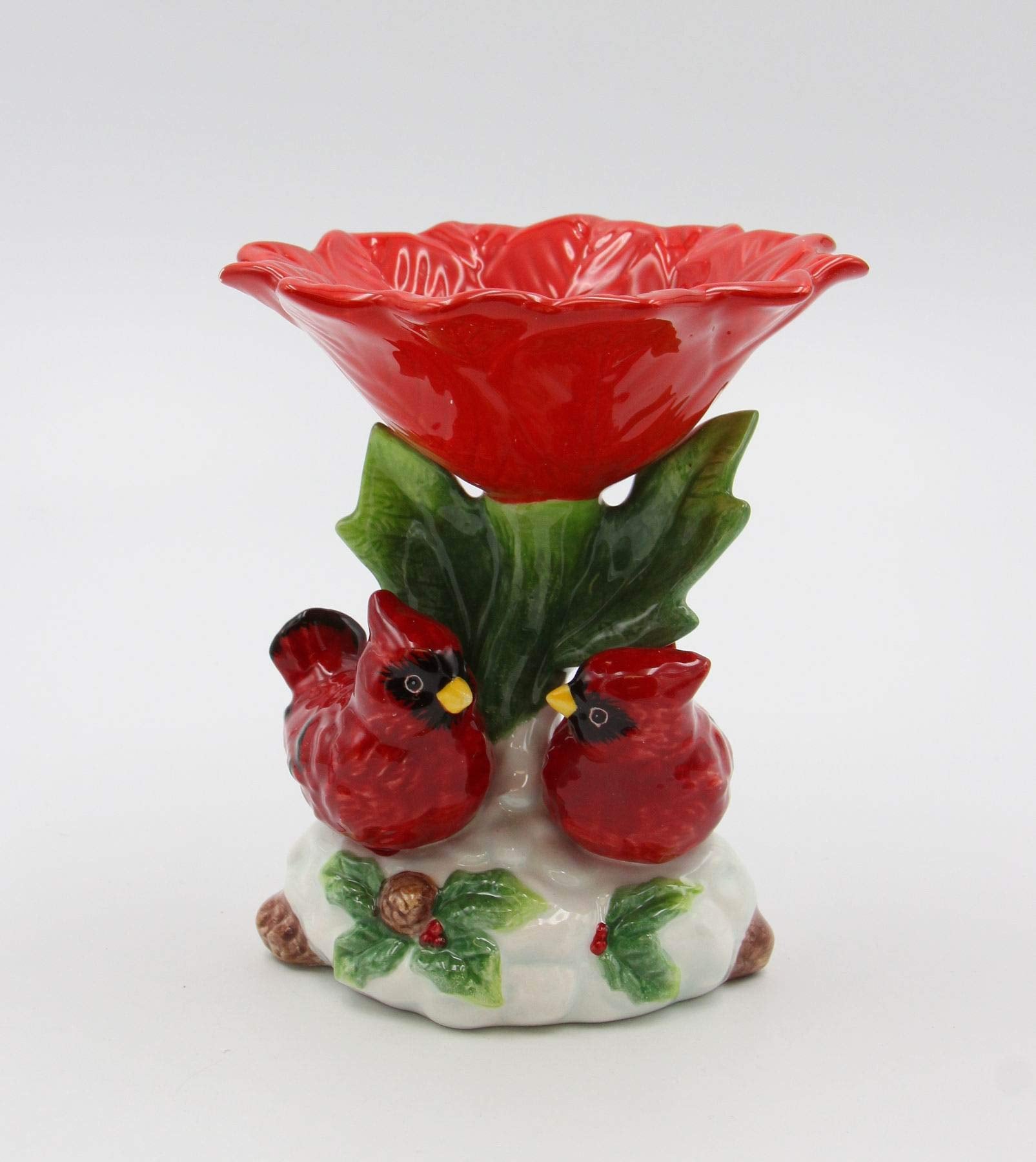 Cosmos Gifts Fine Ceramic Double Red Cardinal Birds With Red Poinsettia Flower Candy Dish, 5-1/2'' H
