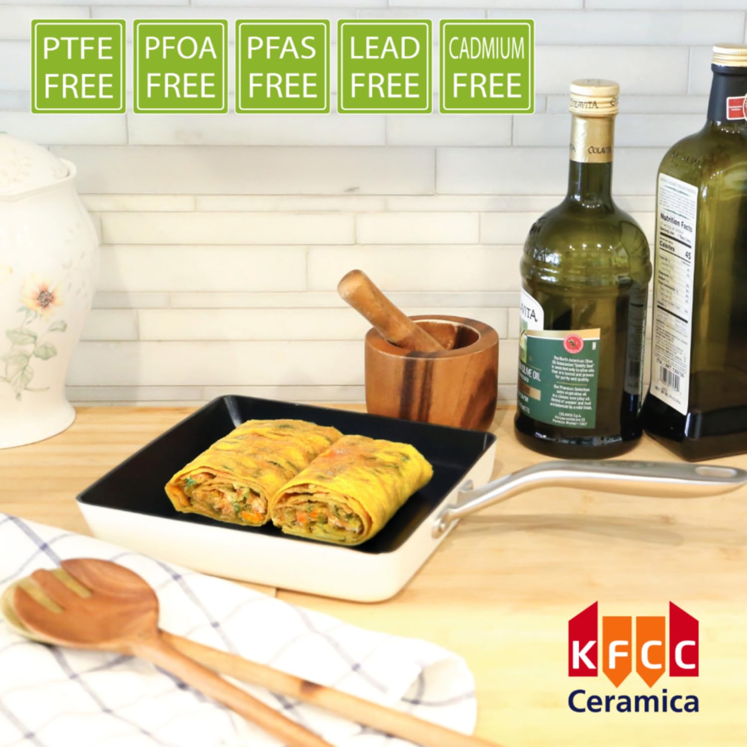 ValenCera Ceramic Nonstick Egg Frying Pan, Square, White, Nontoxic, Model VCEPL, Made in Korea