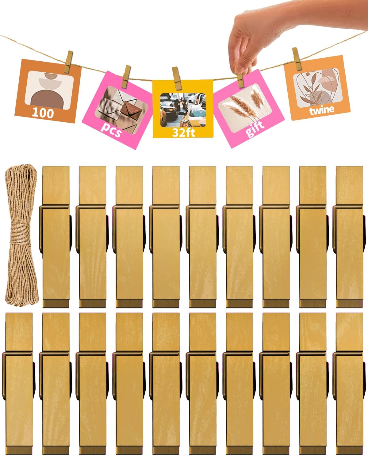 Mini Clothes Pins For Photo, Gold Small Colored Clothespins 100 Pack Wooden Rainbow Colorful Picture Clips With 32 Ft String For
