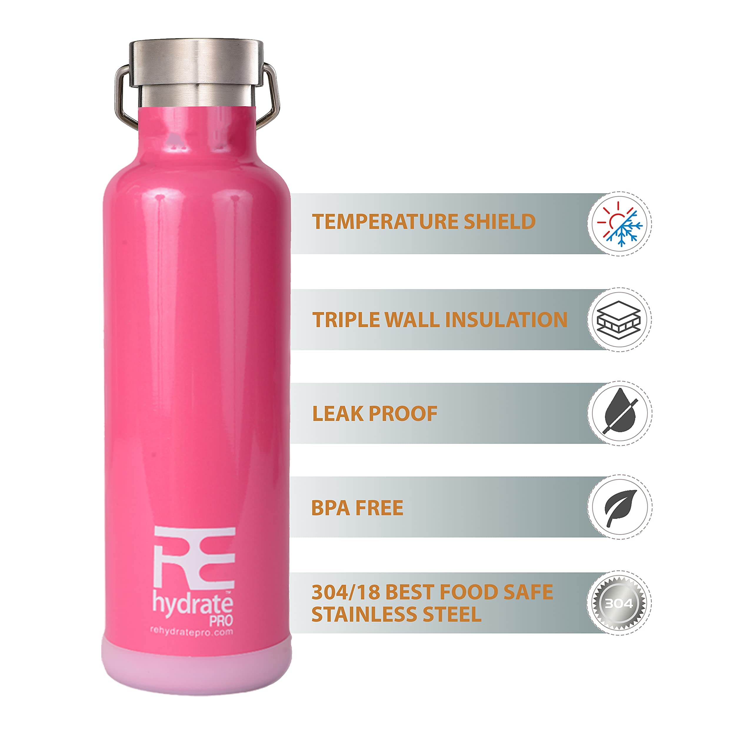 Rehydrate Pro 25oz Insulated Water Bottle with Straw  Bonus Lids and Leak Proof Flask to Keep Liquids Hot or Cold- Triple Wall Vacuum Water Bottle Insulated  Perfect for Gifts