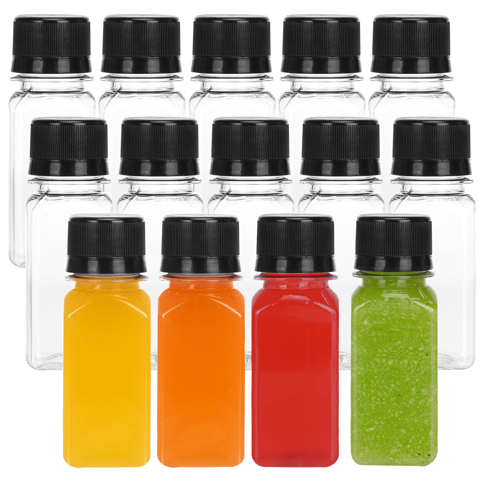 Moretoes 14pcs 2oz Ginger Shots Bottles with Caps, Small Plastic Juice Bottles for Liquids, Reusable Clear Containers for Ginger
