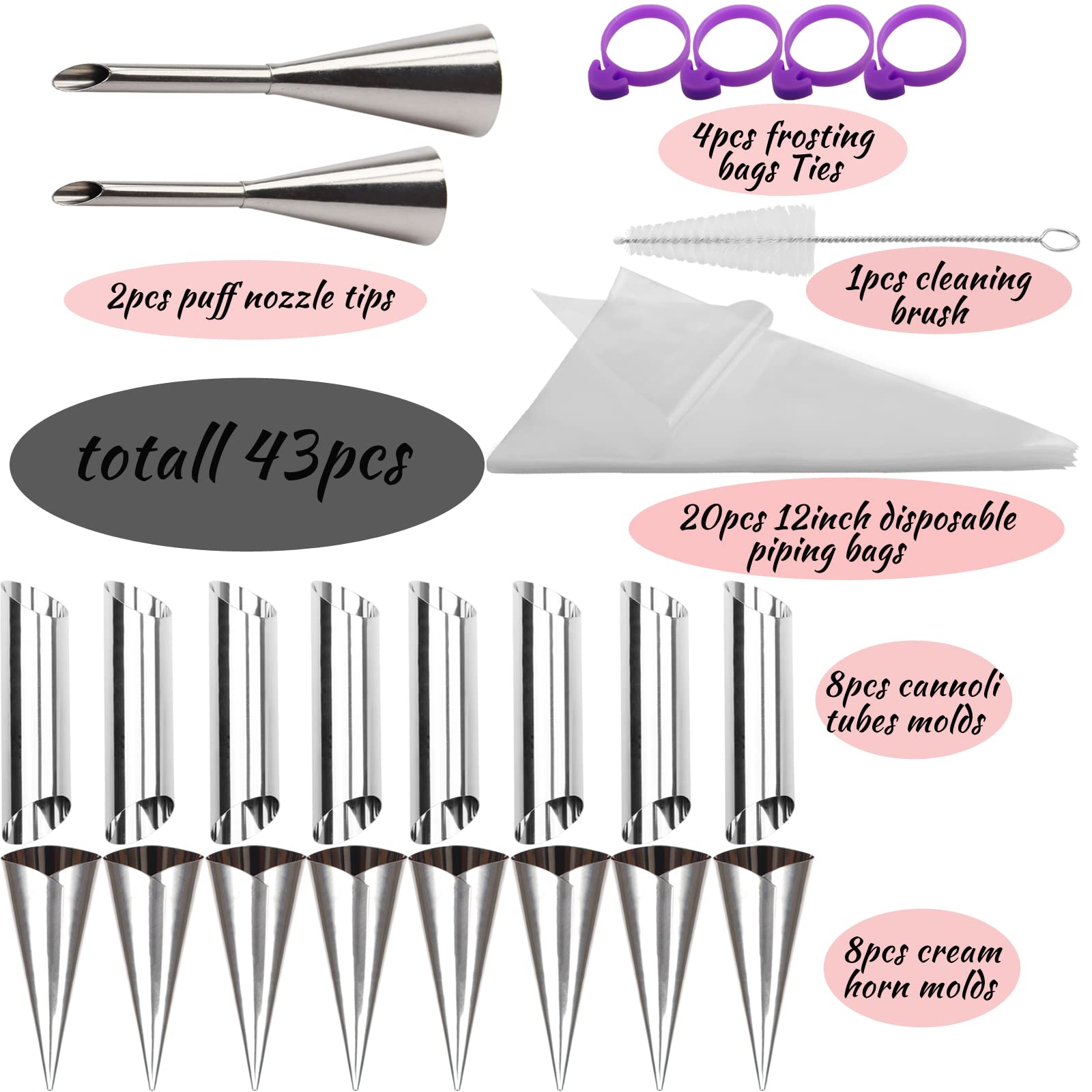 43Pcs Cannoli Tubes Set Stainless Steel Cream Horn Mold,Cannoli Forms Tubes Kits For Danish Pastry Lady Lock Form,Cream Roll,Cro