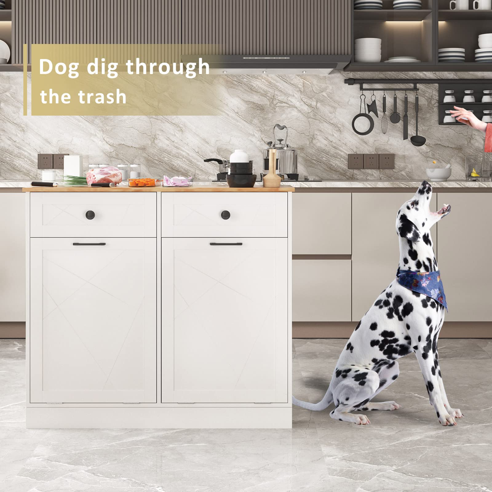 Halitaa Trash Cabinet Double Tit Out Trash Bin, Dog Proof Hideaway Tilt Out Double Trash Can Holder With Two Drawers, Free Stand