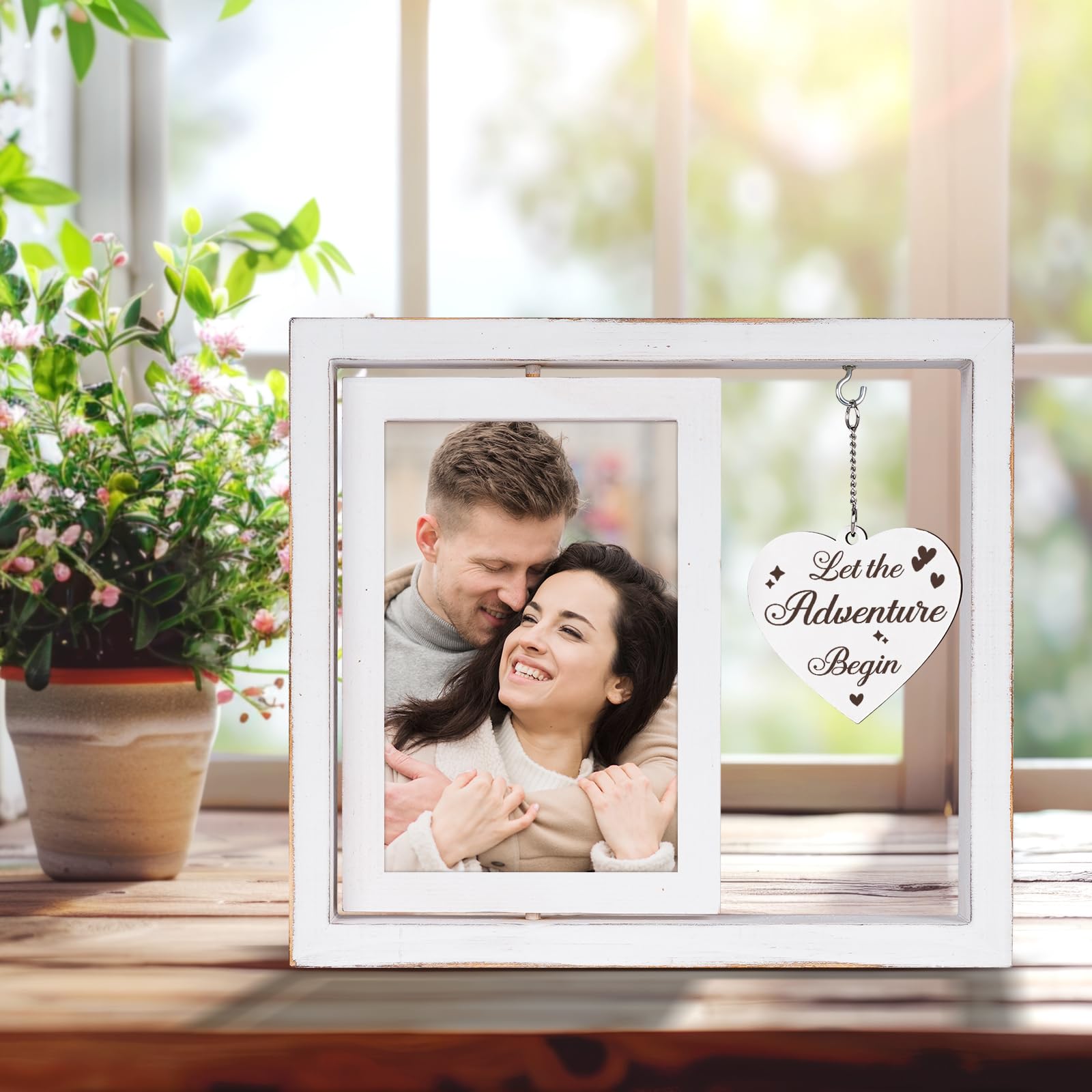 Apjielop Engagement Gifts for Couples - Rotating Floating Let the Adventure Begin Picture Frame for Newly Engaged Couples, Engag