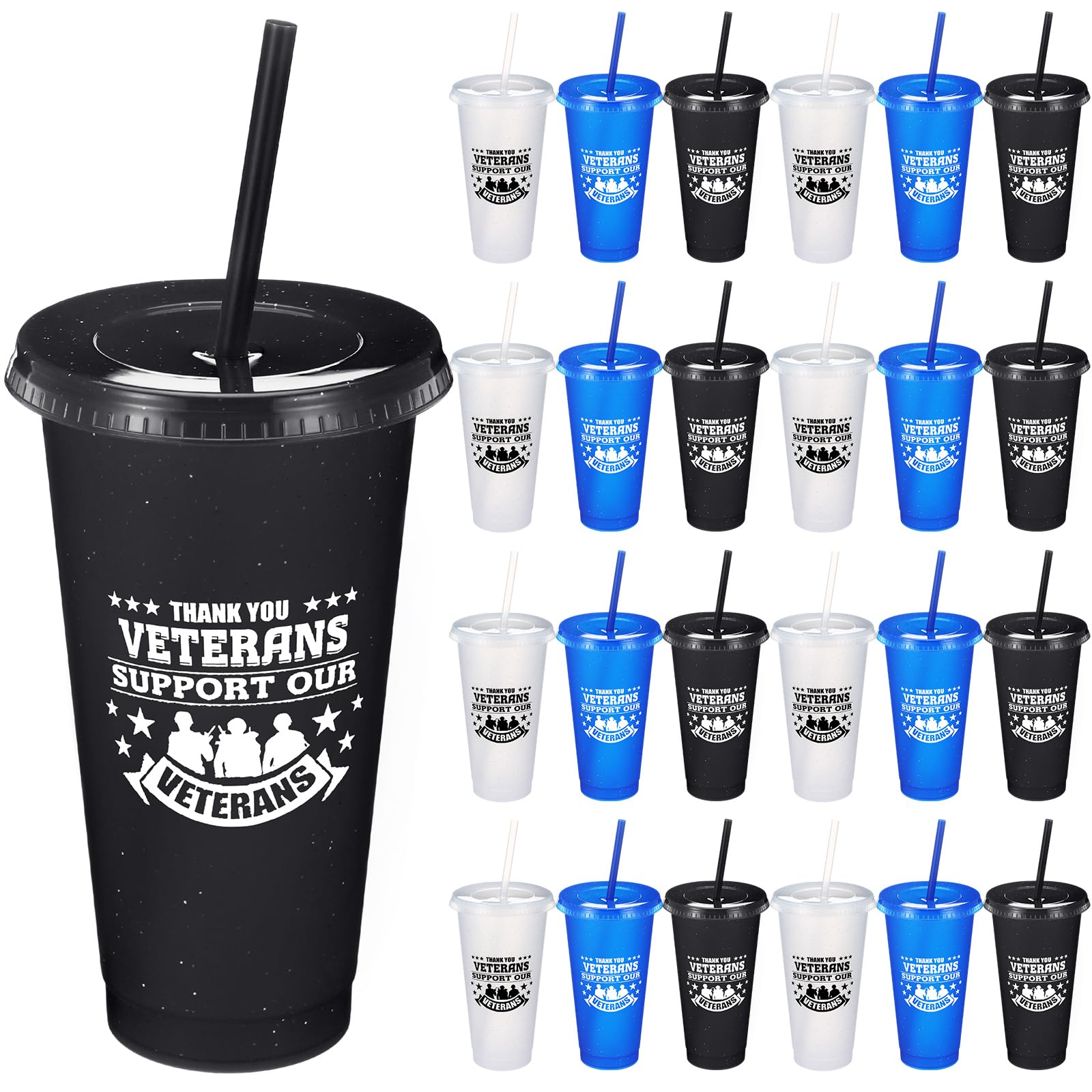 Skylety 24 Pcs Veterans Appreciation Gift 24 oz Support Our Veterans Day Gifts Plastic Coffee Cups with Straws and Lids Team Gif