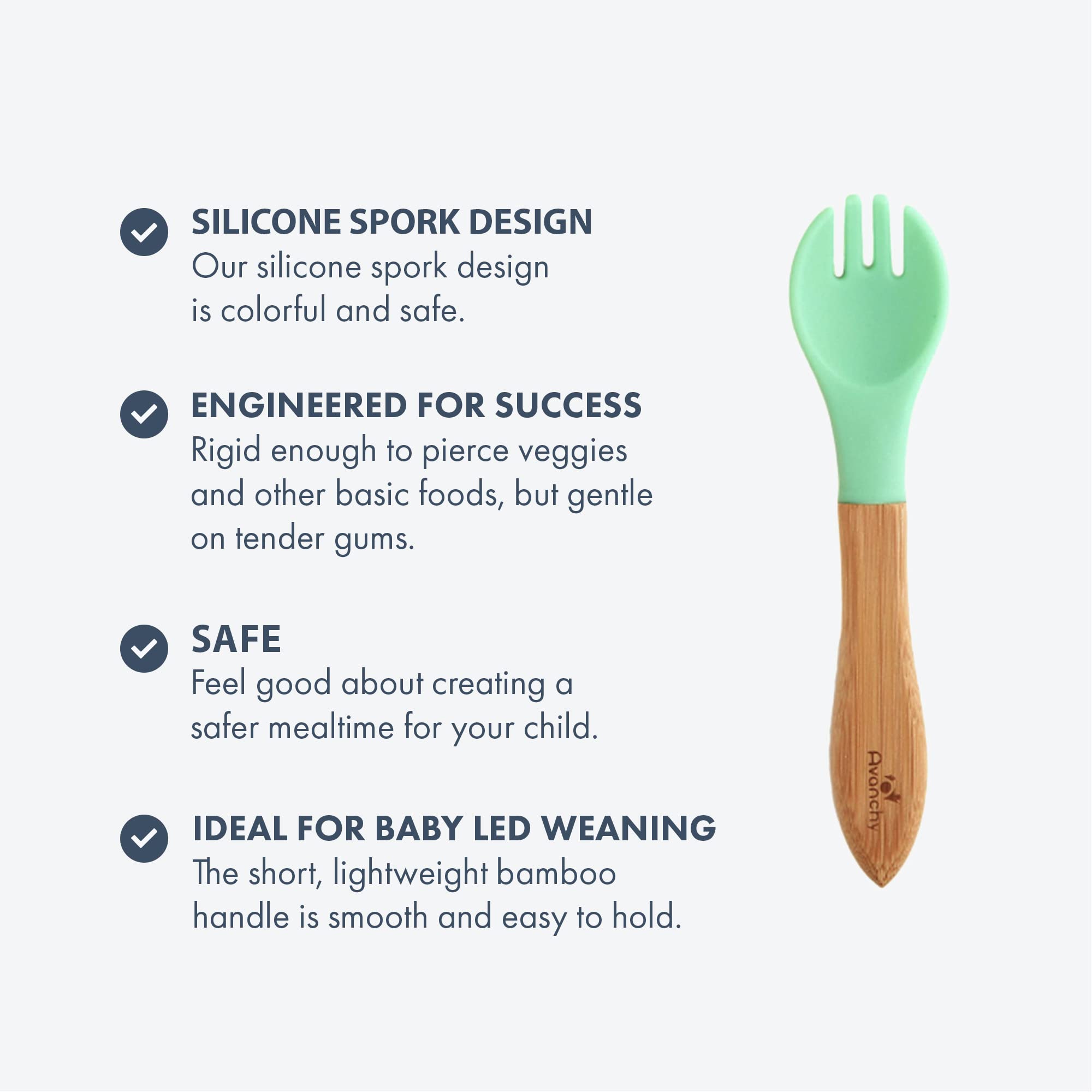 Avanchy Baby Fork Set, Bamboo and Silicone Spork Utensils, Toddler Baby Led Weaning Silverware Cutlery Flatware, Kids First Self
