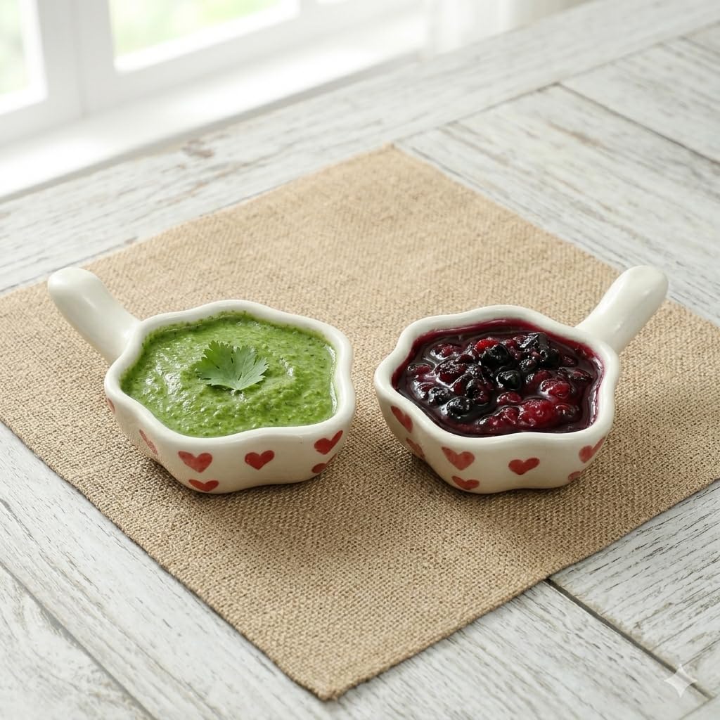 Rafoleen Ceramic Flower Shape Chutney Bowl Set (Pack Of 2) With Red Heart Pattern | Small Serving Bowls For Chutney, Sauce, Pick