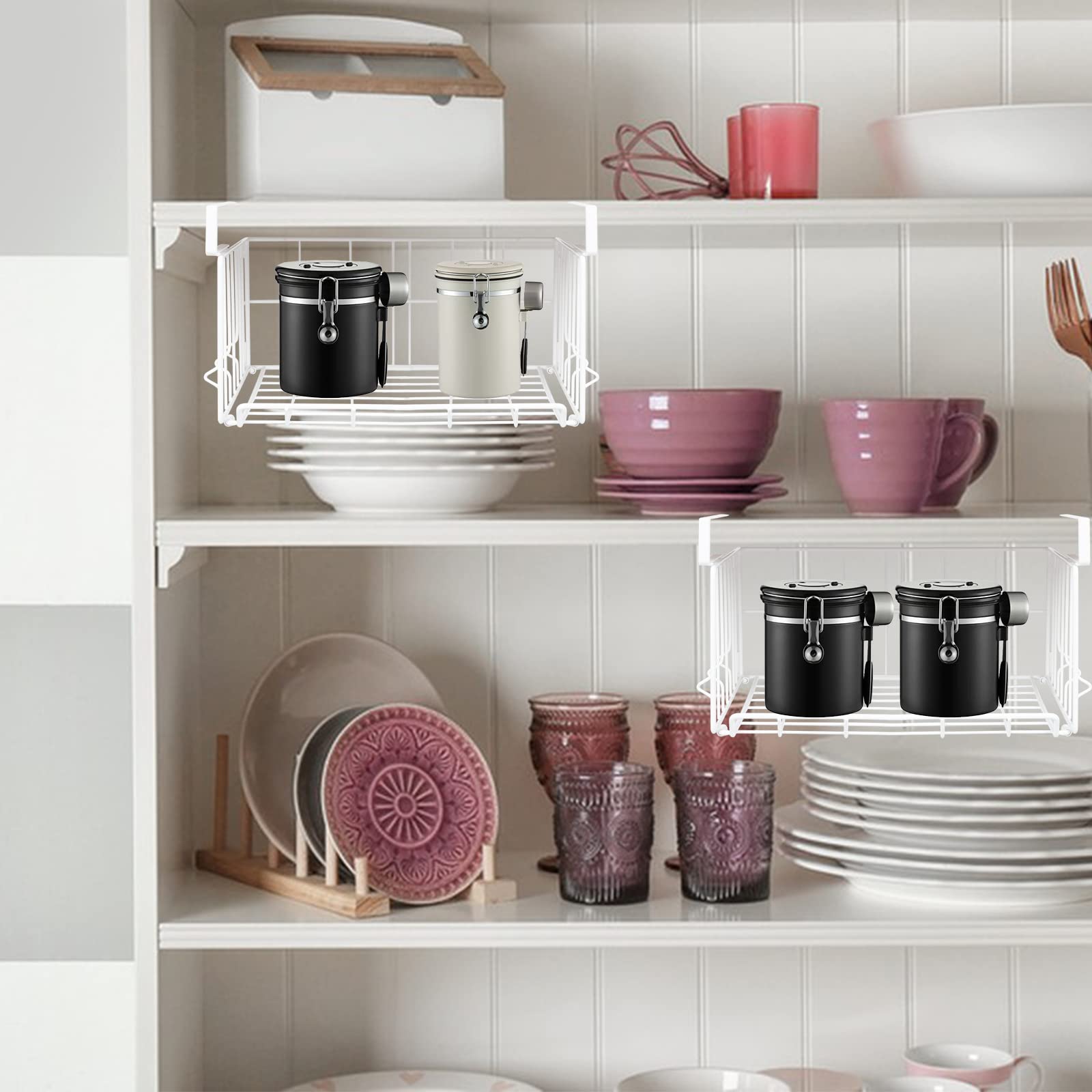 Resulzon 2-Pack Steel Under Cabinet Shelf Basket Organizer, Metal Wire Rack Hanging Storage Baskets Holds Up To 22Lbs For Kitche