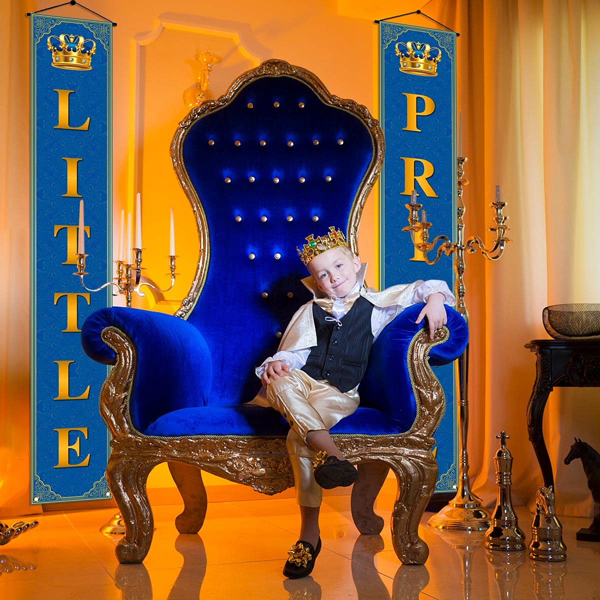 Royal Prince Baby Shower Decoration For Boy Little Prince Porch Banner Blue And Gold Little Prince Crown Royal Celebration Party