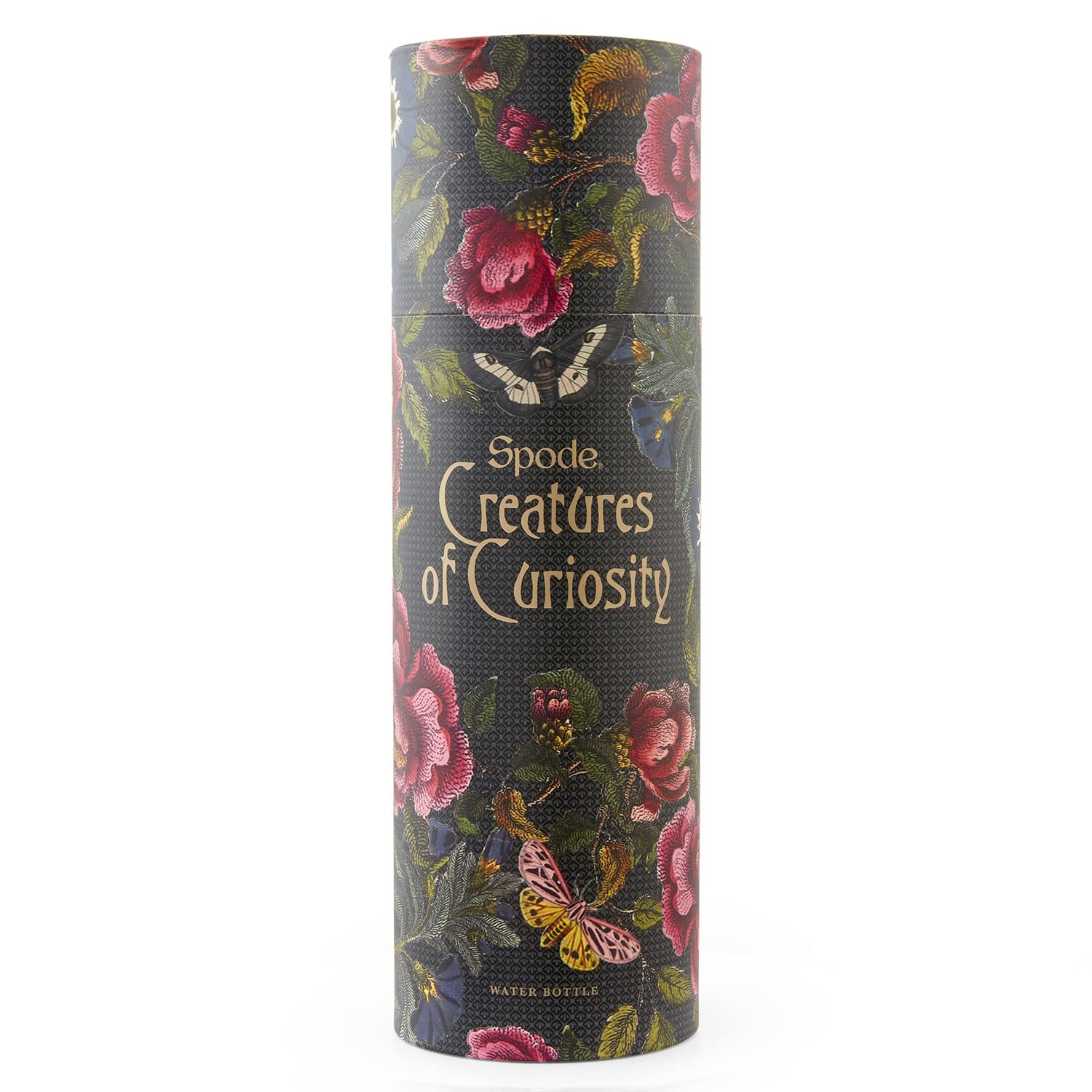 Spode Stainless Steel Water Bottle - 15oz Leakproof Canteen, Black, Victorian Floral Design, Keeps Drinks Hot/Cold for 12 Hours