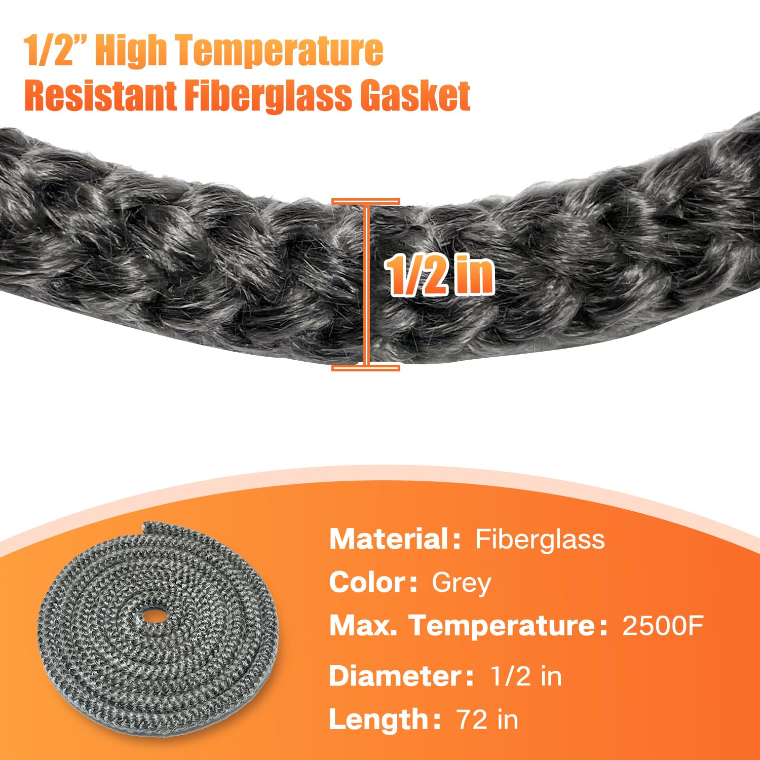 Protalwell Wood Stove Gasket, 1/2" x 72" High Temperature Resistant Gray Fiberglass Rope Seal