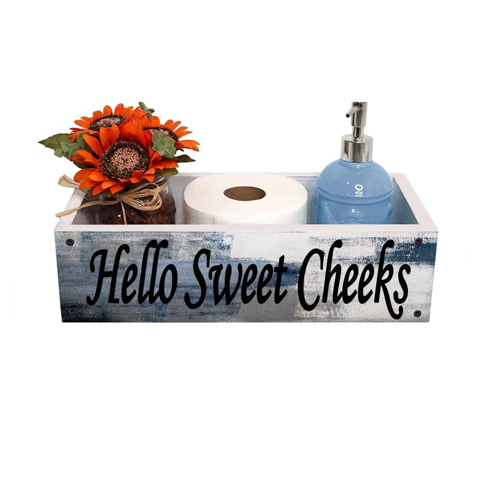 Lnond Rustic Bathroom Decor Box, Bathroom Toilet Tank Tray Storage Basket, Hello Sweet Cheeks Bathroom Wooden Toilet Paper Baske