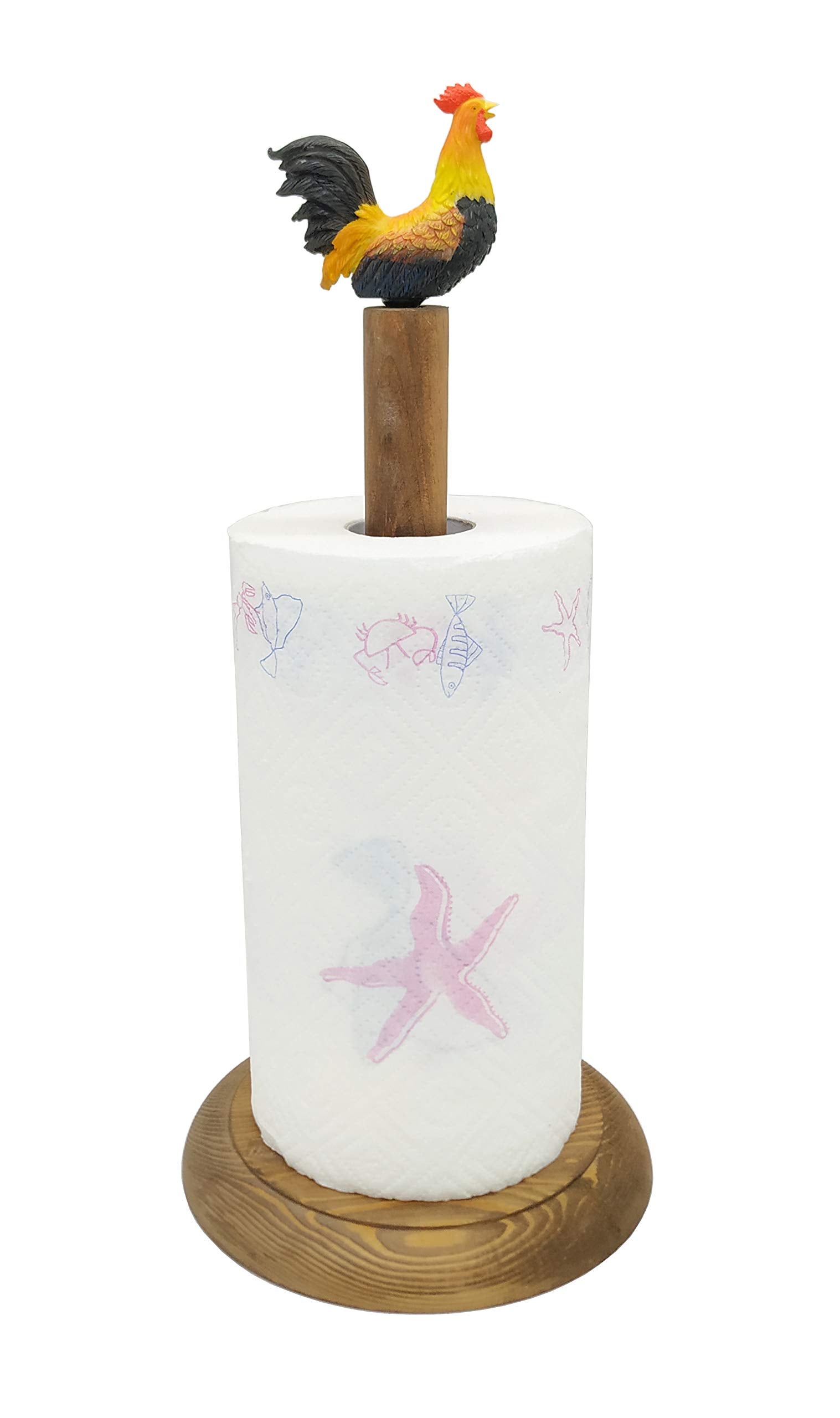 Rooster Design Rustic Brown Wood Paper Towel Holder Stand Up Paper Towel Holder, Easy One-Handed Tear Kitchen Paper Towel Dispen