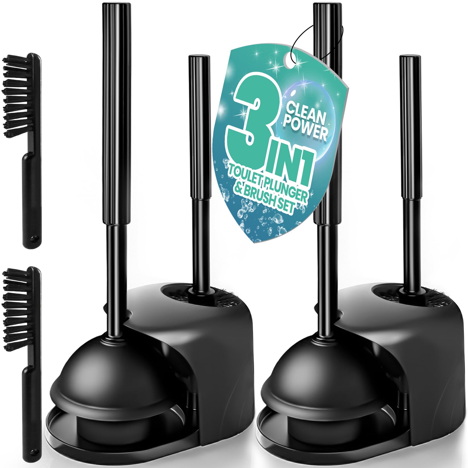 2PACK 3 in 1 Toilet Brush and Plunger Set with Crevice Cleaning Brush, Toilet Plunger and Brush Set with Extra Long Handle, Plun