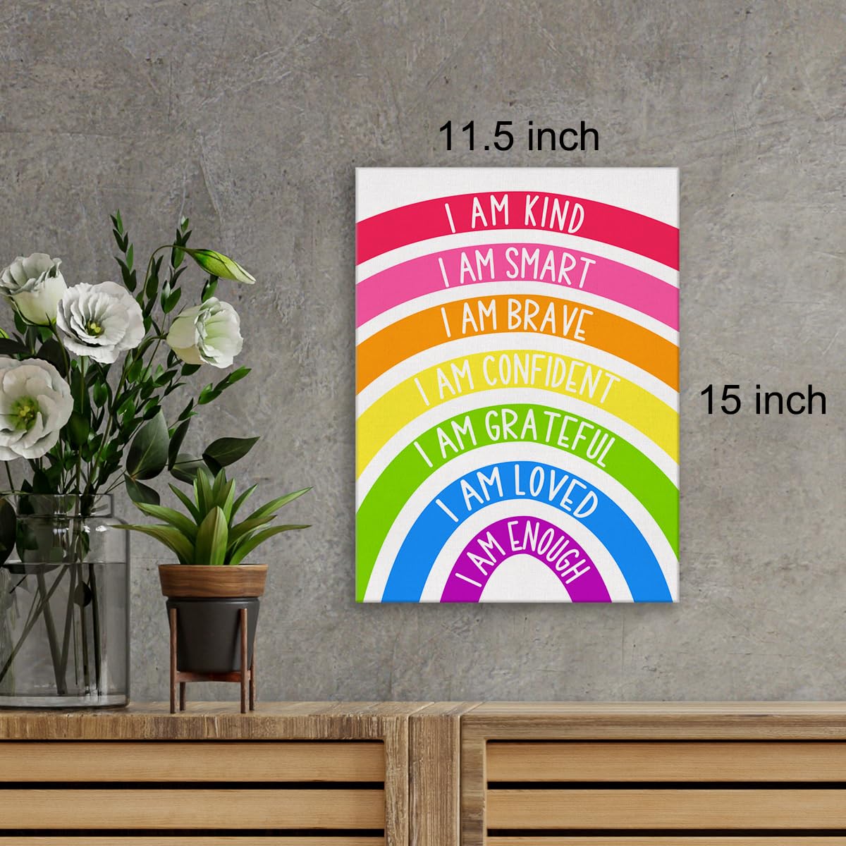 Rainbow Kids Affirmations Wall Art Canvas Painting Print Framed I Am Kind Smart Loved Artwork Canvas Sign for Nursery Decor (12x