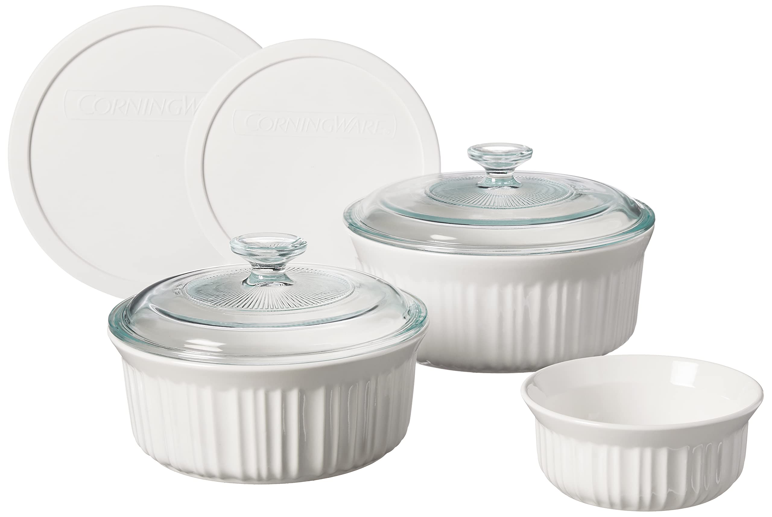 Corningware French White 7 Piece Ceramic Bakeware Set | Microwave, Oven, Fridge, Freezer, And Dishwasher Safe | Resists Chipping