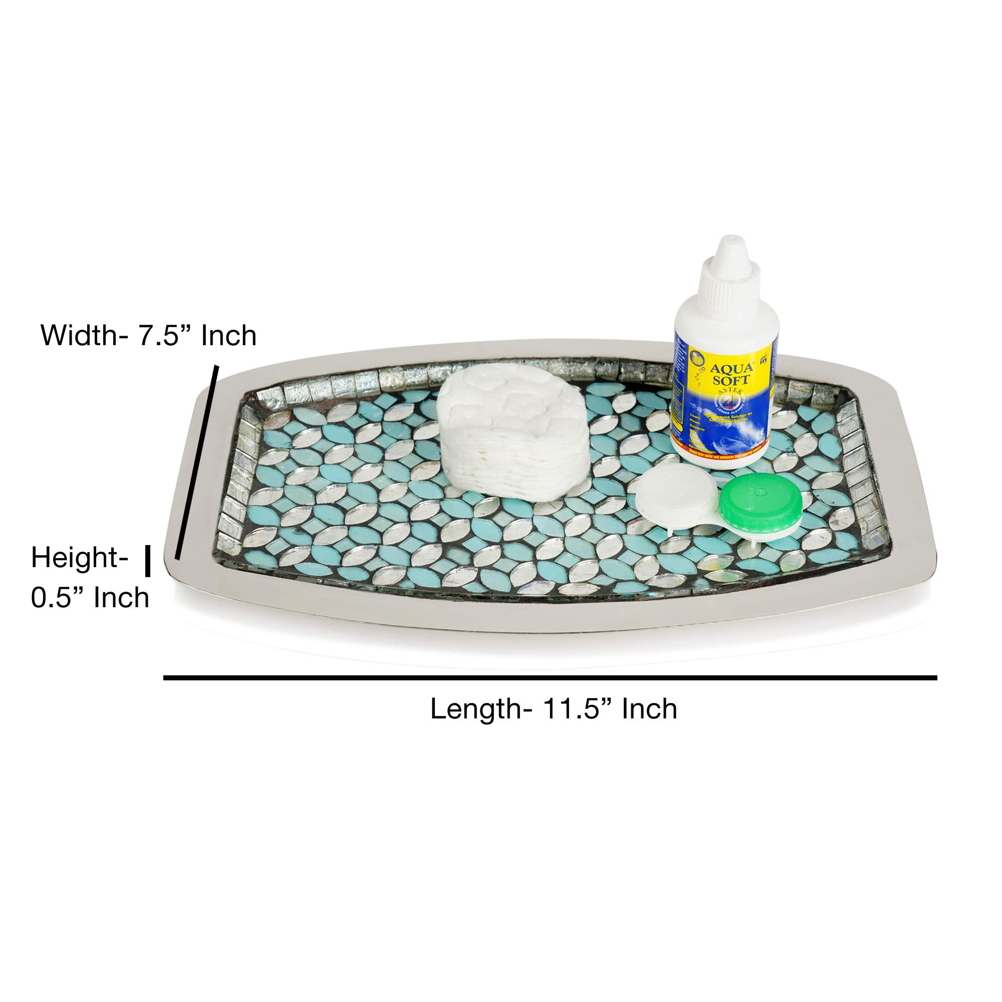 Nu Steel Sea Foam Amenity Tray In Aqua Blue/Silver Glass Mosaic/ Stainless Steel For Bathrooms & Vanity Spaces