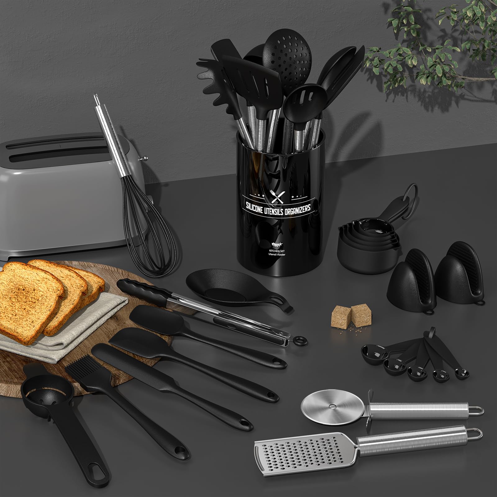 Silicone Kitchen Cooking Utensils Set-Umite Chef 43 Pcs Heat Resistant Kitchen Utensils, Black Kitchen Gadgets Tools Set With St