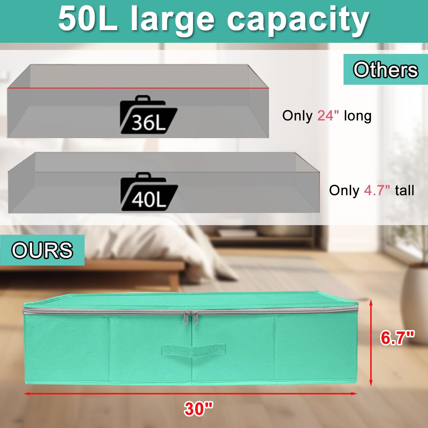 punemi 2-Pack Under Bed Storage Containers, 6.7 Inches Tall Underbed Clothes Storage Organizer Bin with Sturdy Sidewalls/Bottom,